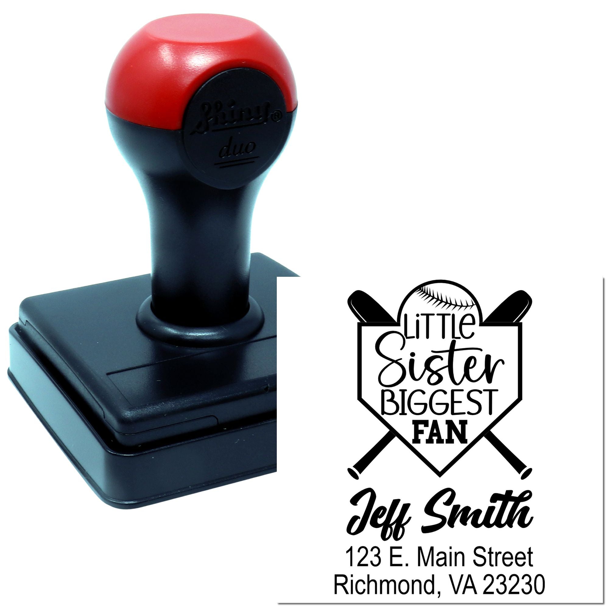 Custom self-inking rubber stamp with baseball-themed Little Sister Biggest Fan return address design by Jeff Smith.