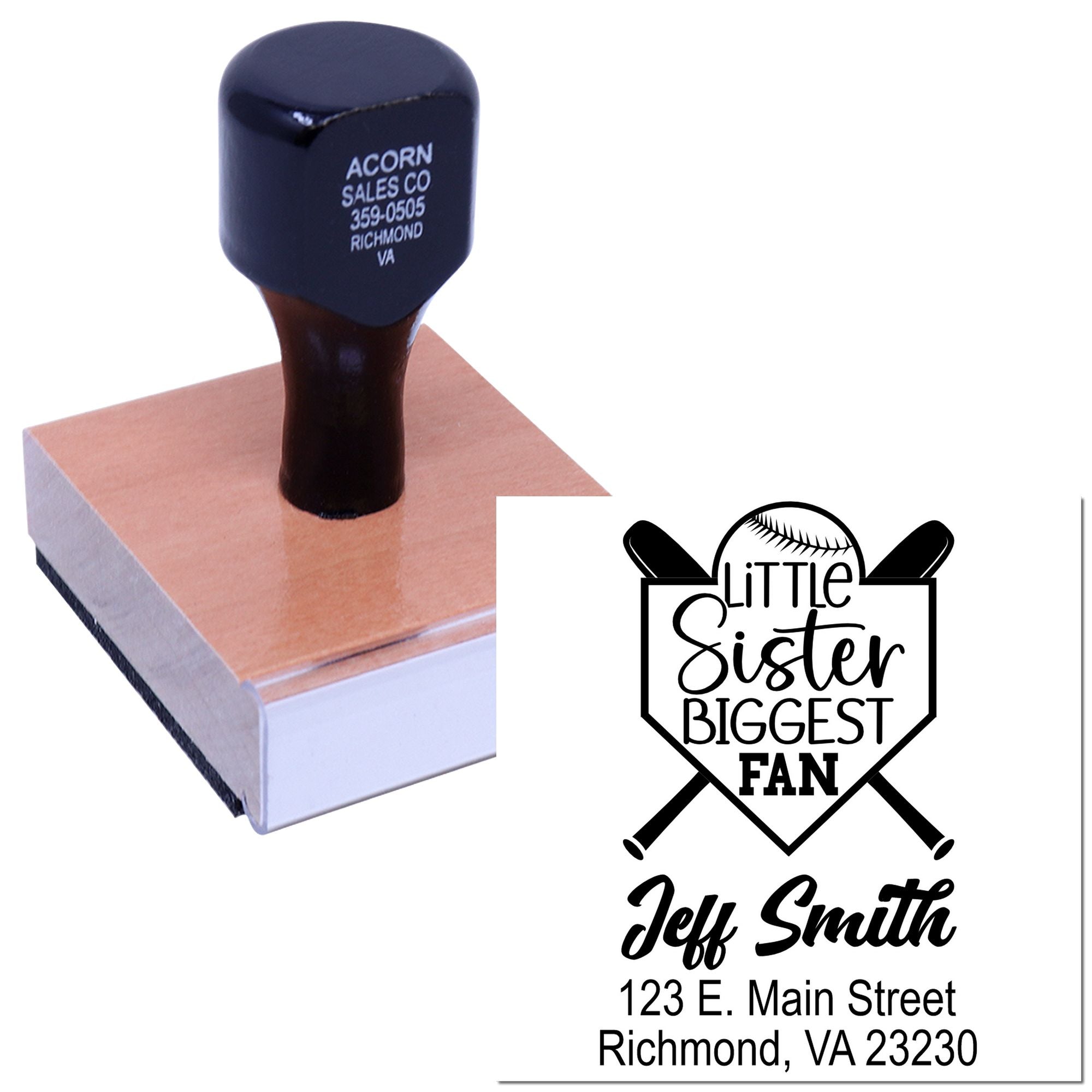 Custom baseball sister biggest fan rubber stamp with personalized name and address imprint for mailing or packaging.