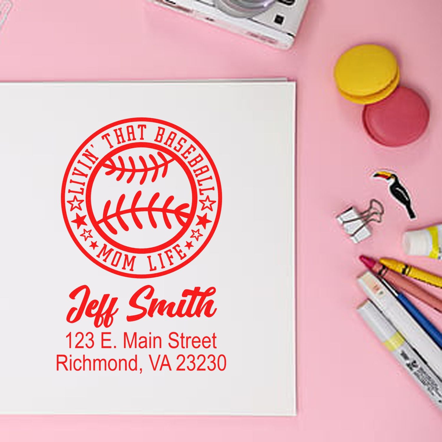 Custom baseball mom life rubber stamp with Jeff Smith name and return address for personalized mailing.