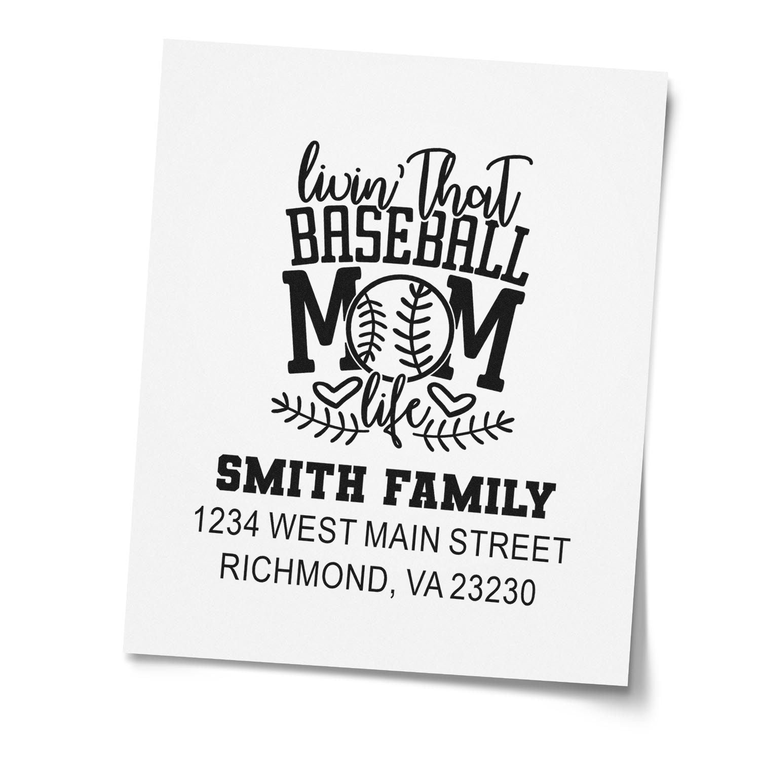 Custom baseball mom return address rubber stamp with family name and address for personalized mailing.