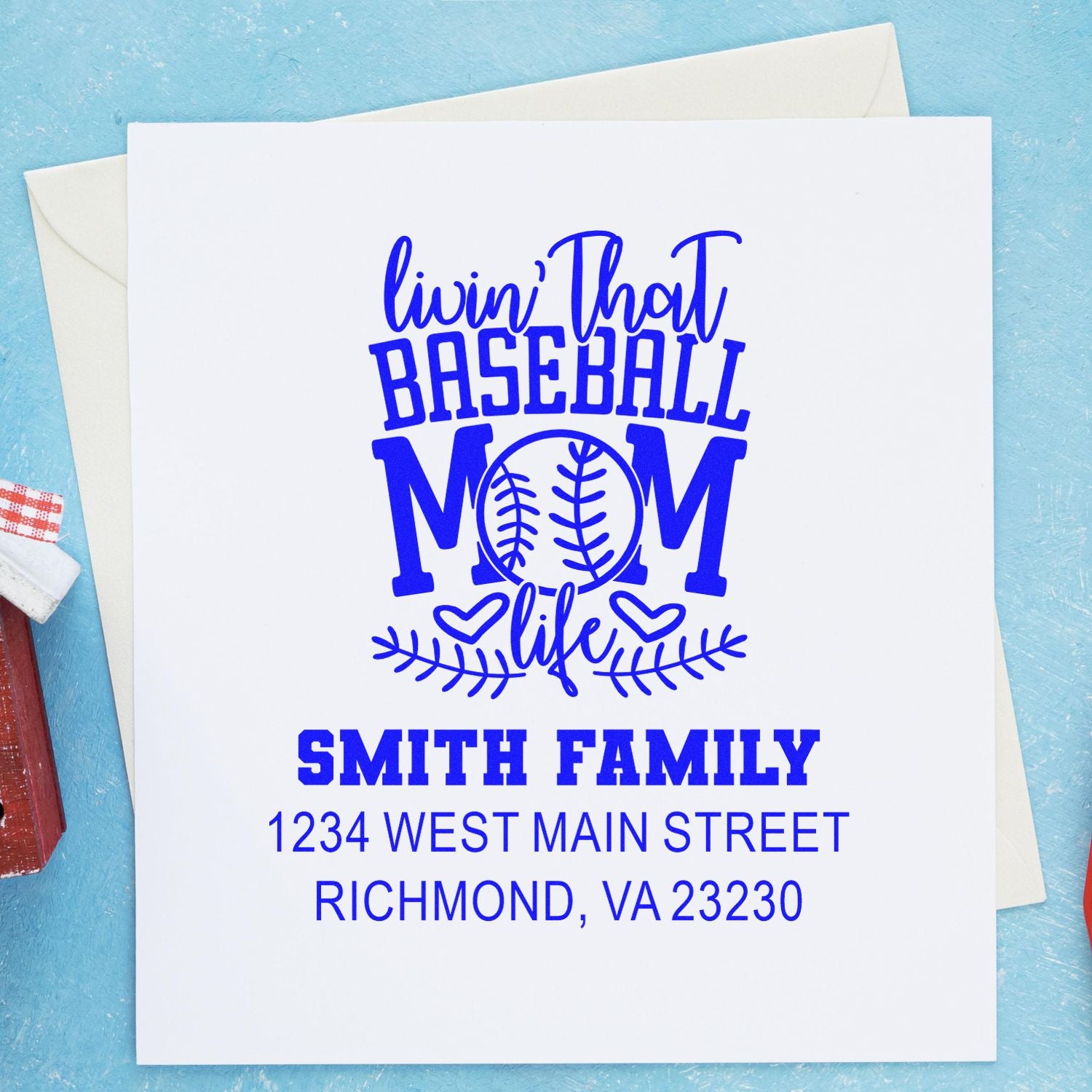 Custom baseball mom rubber stamp with Smith family return address and Richmond, VA address in blue ink.