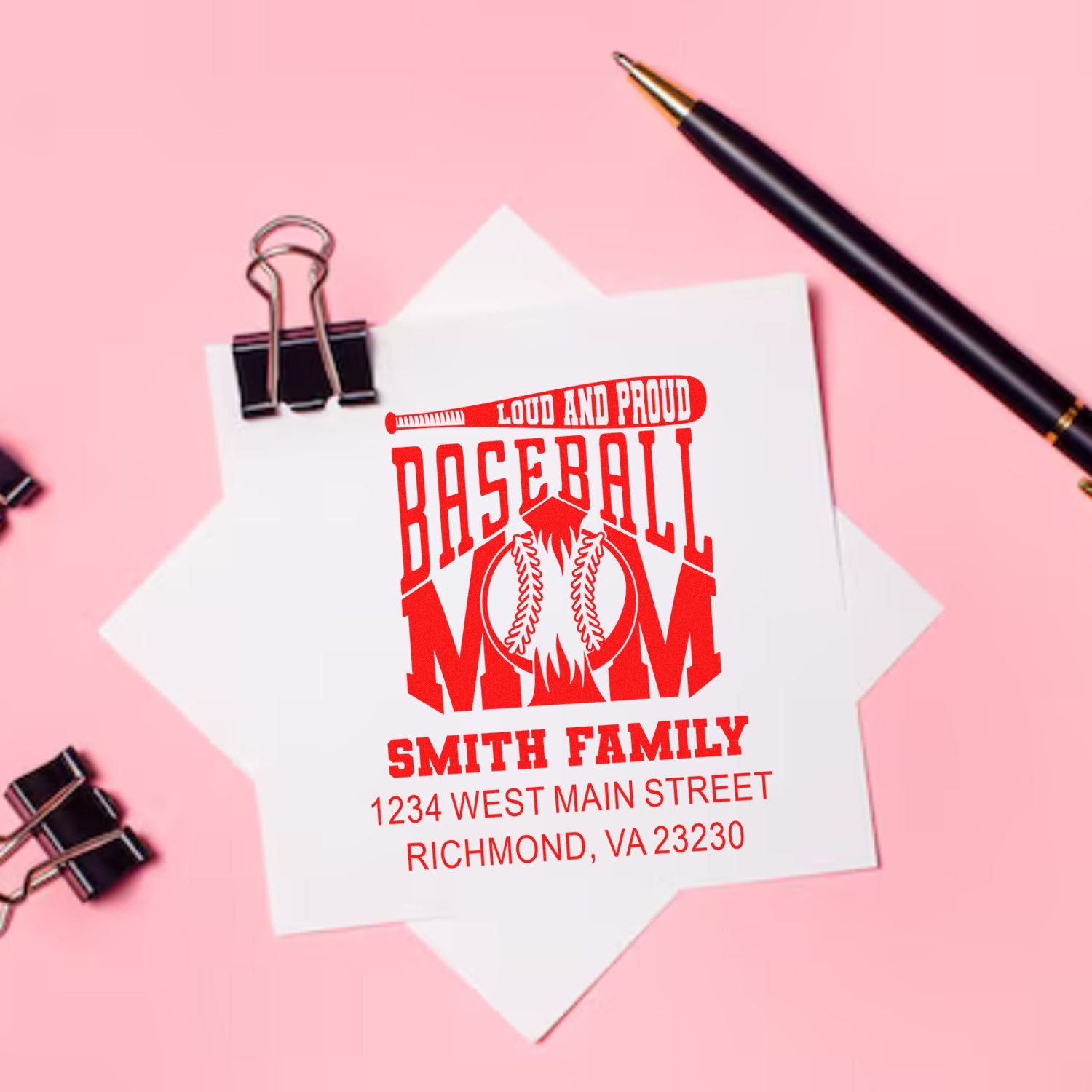 Personalized baseball mom return address rubber stamp with Smith family name, Richmond VA address, and loud and proud design.