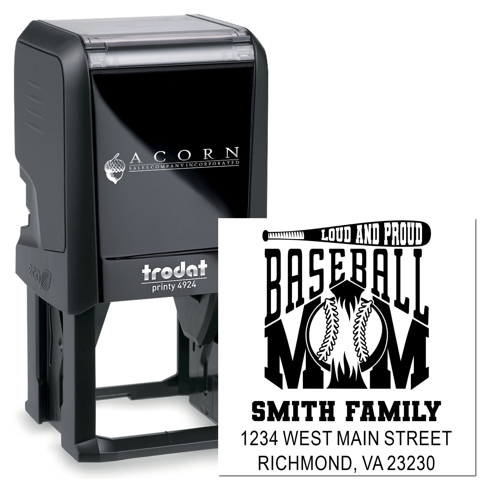 Custom self-inking baseball mom address rubber stamp with family name and return address for mailings
