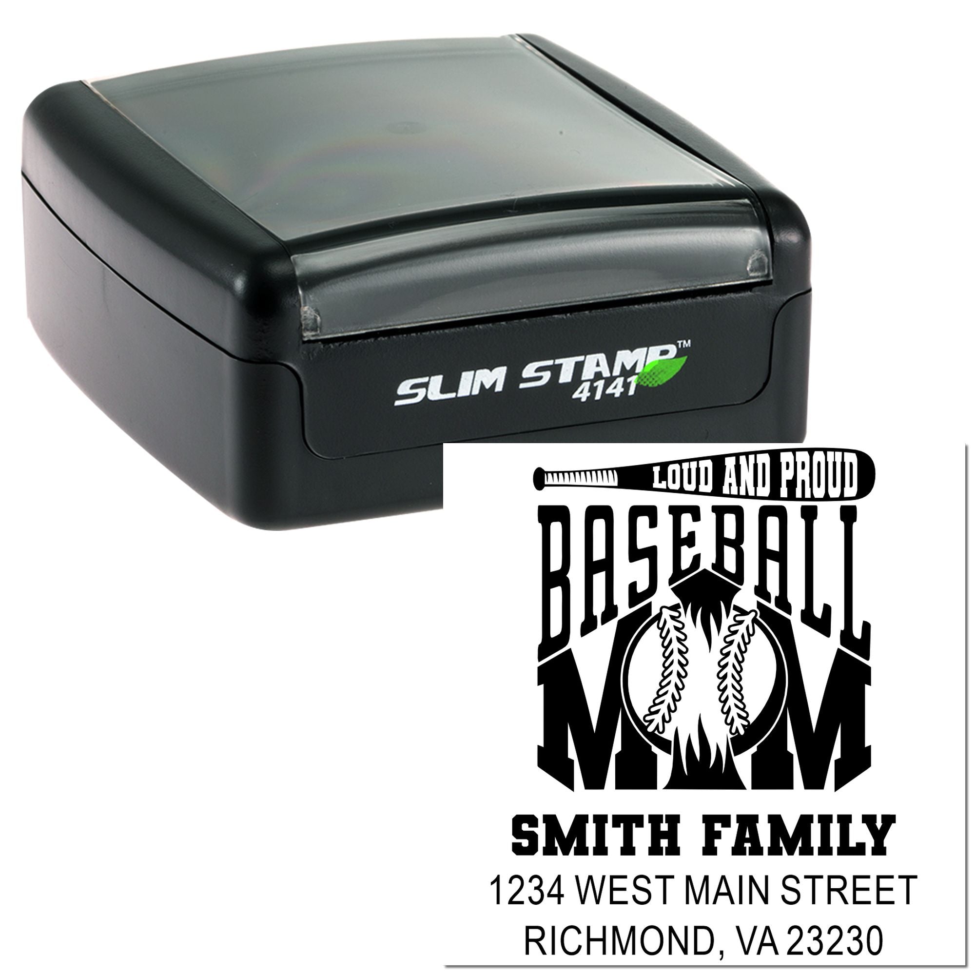Custom self-inking rubber stamp with baseball mom return address design for Smith Family mailing and personalized correspondence.