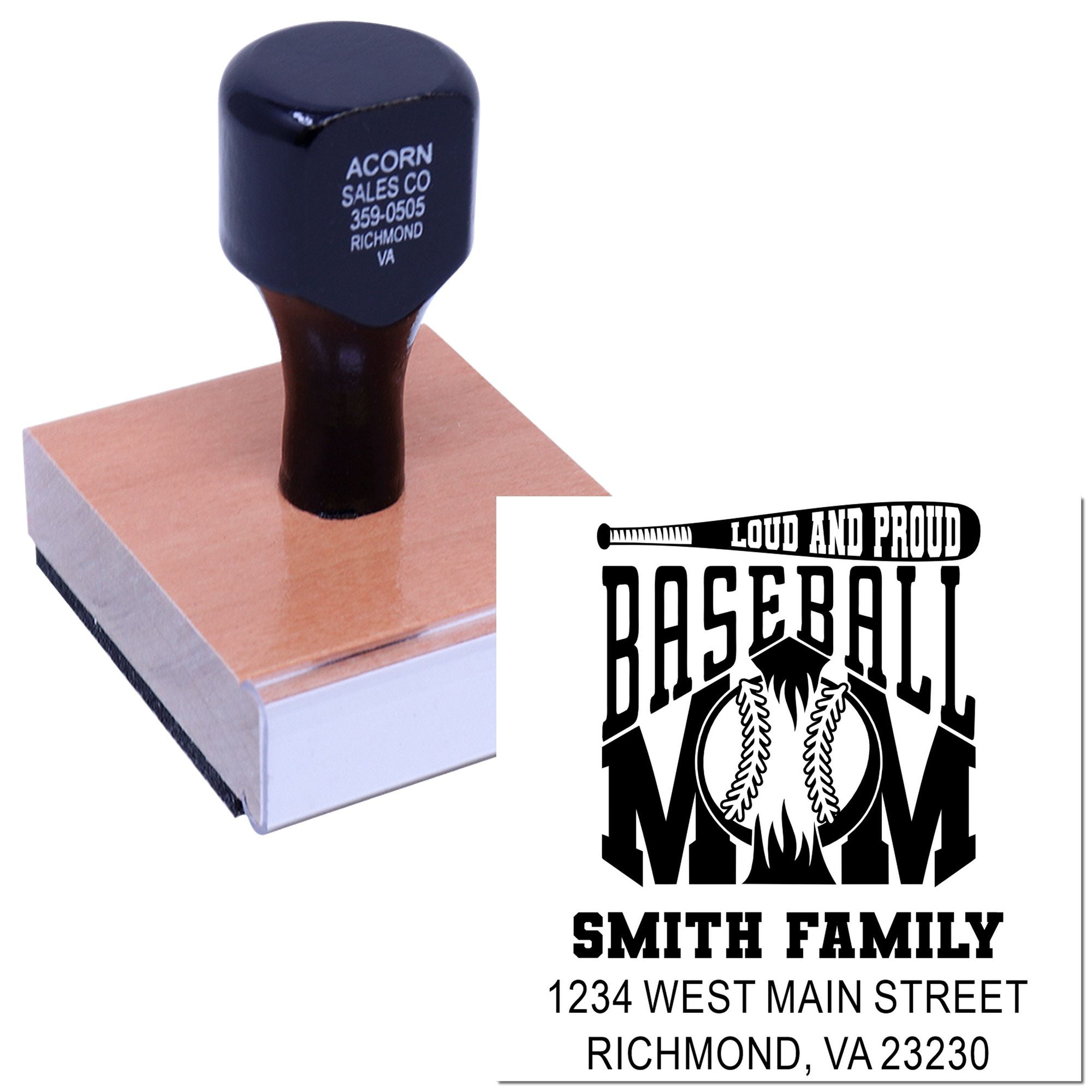 Custom baseball family address rubber stamp with personalized logo and return address design.