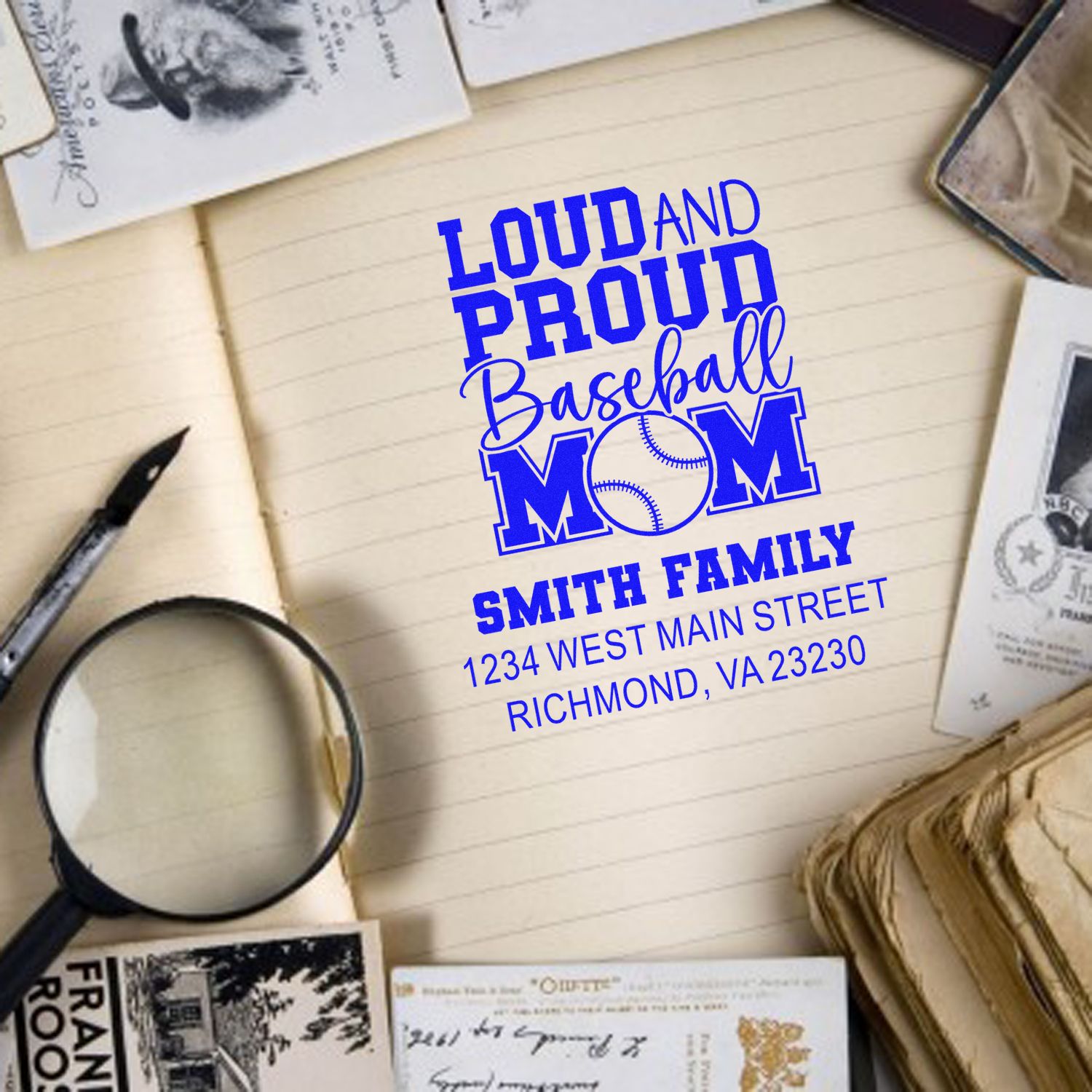 Personalized baseball mom rubber stamp design with Smith family name and Richmond address on a notebook.