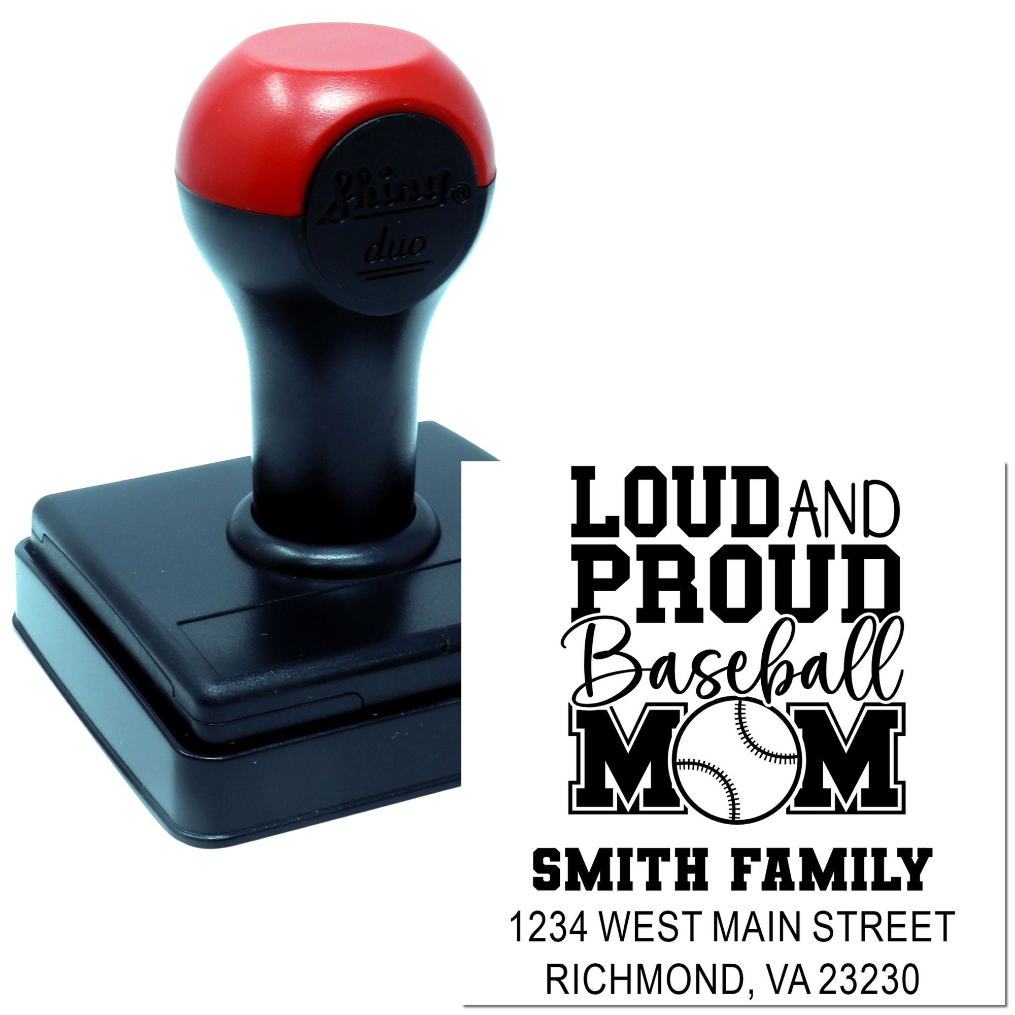 Personalized baseball mom return address stamp with Loud and Proud Baseball Mom design and family name.