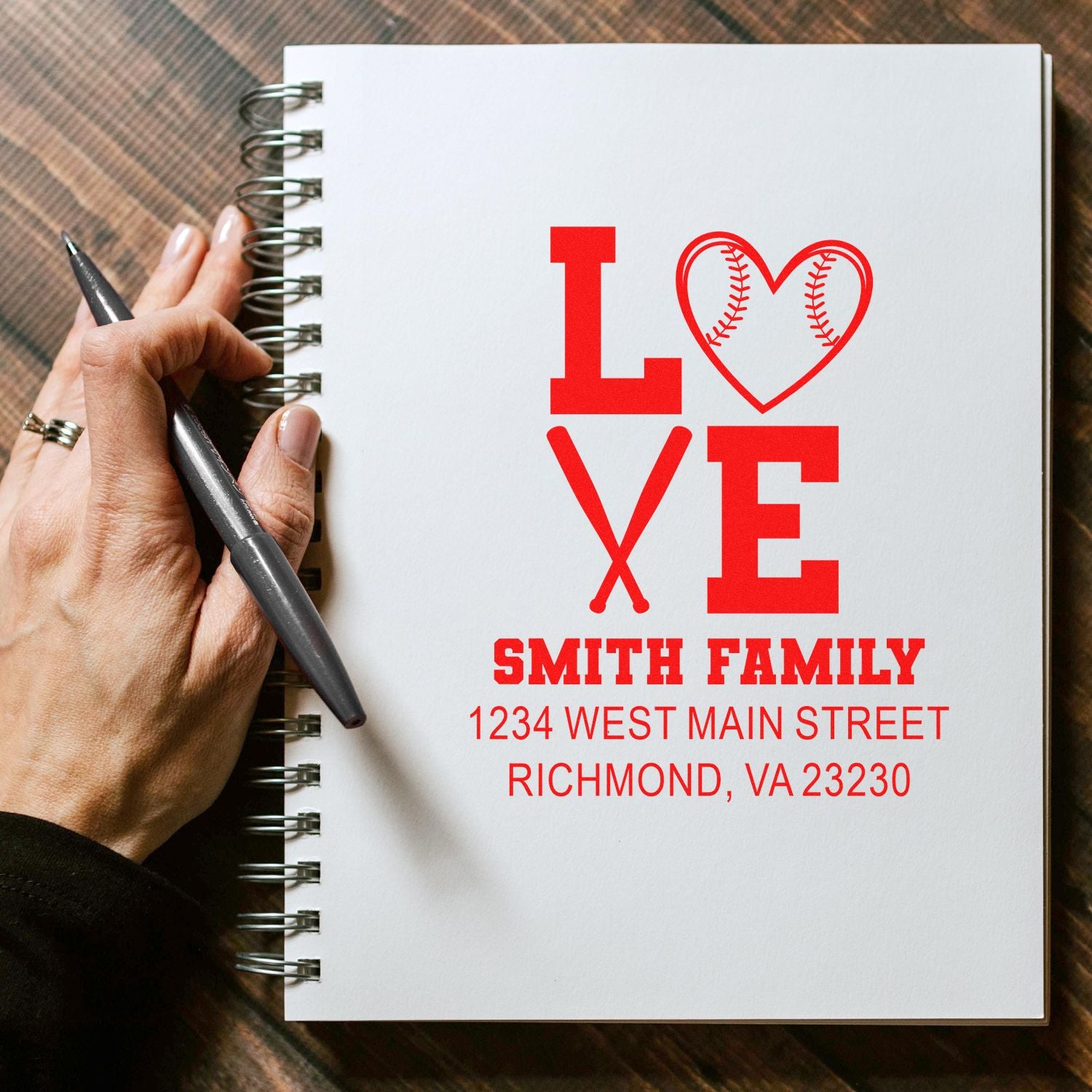 Custom baseball love rubber stamp with Smith family name and Richmond, VA address for personalized stationery.