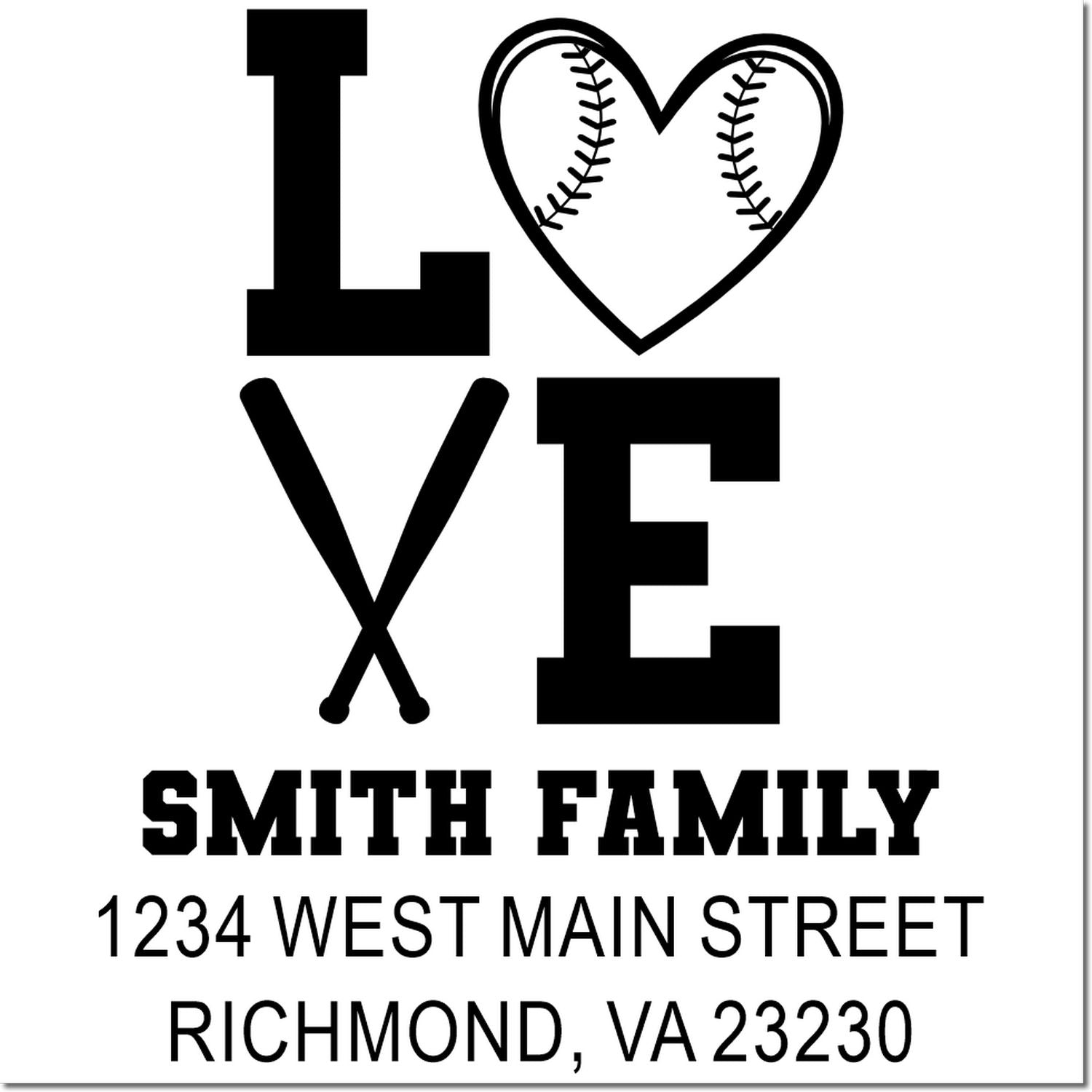 Personalized custom baseball love return address rubber stamp for Smith Family, Richmond, VA 23230.