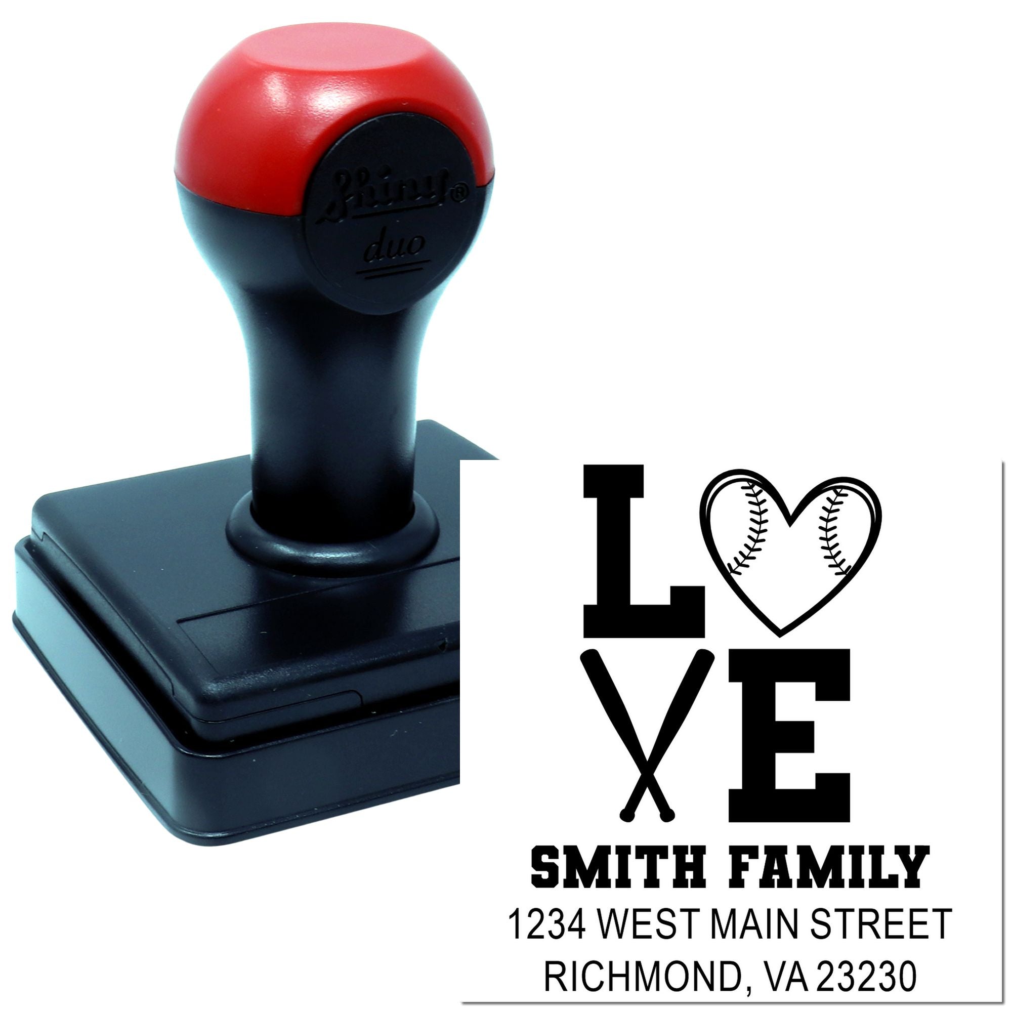 Personalized self-inking rubber return address stamp with baseball heart monogram, Smith family name and address.