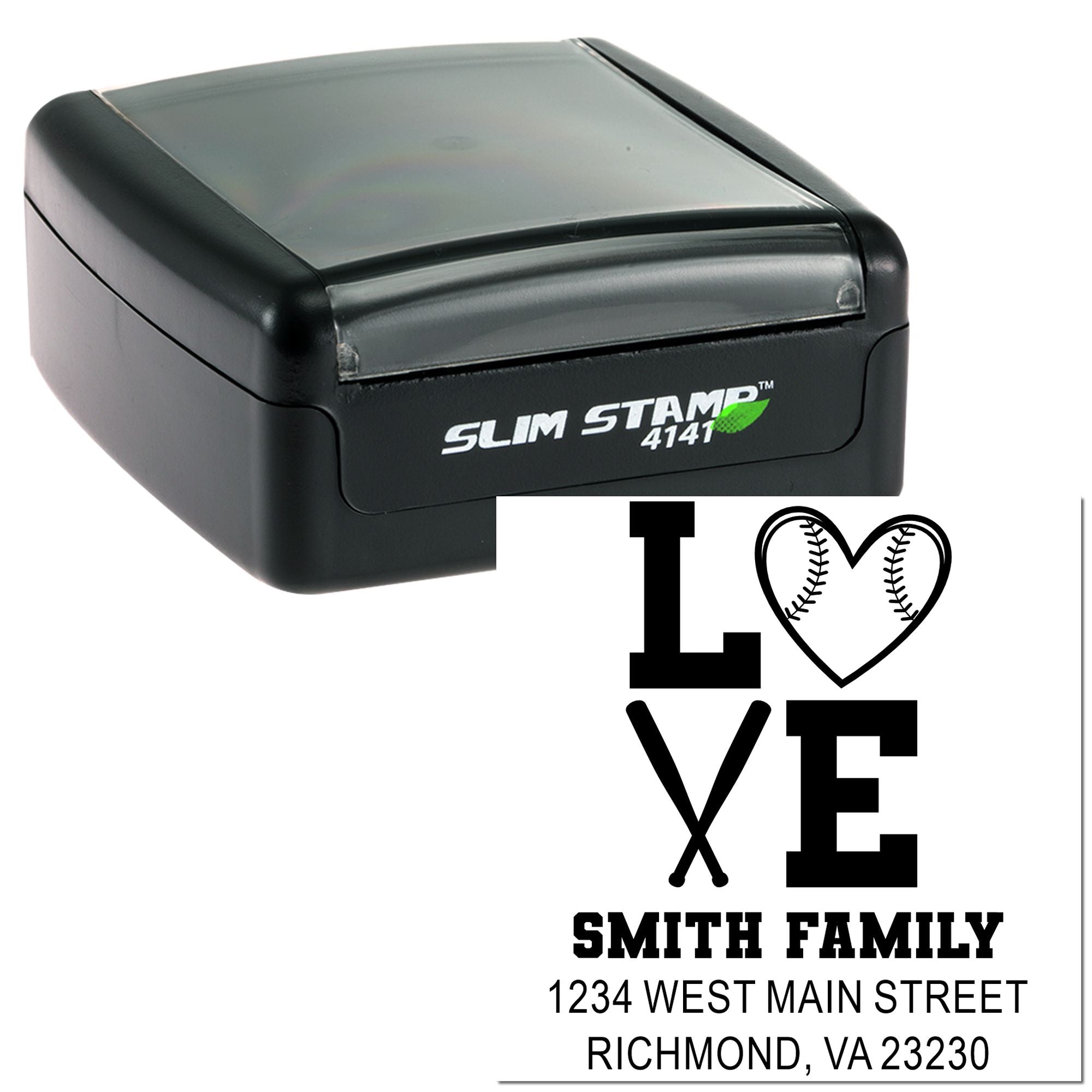 Self-inking custom rubber stamp with baseball love design, personalized family return address stamp for envelopes and mail.