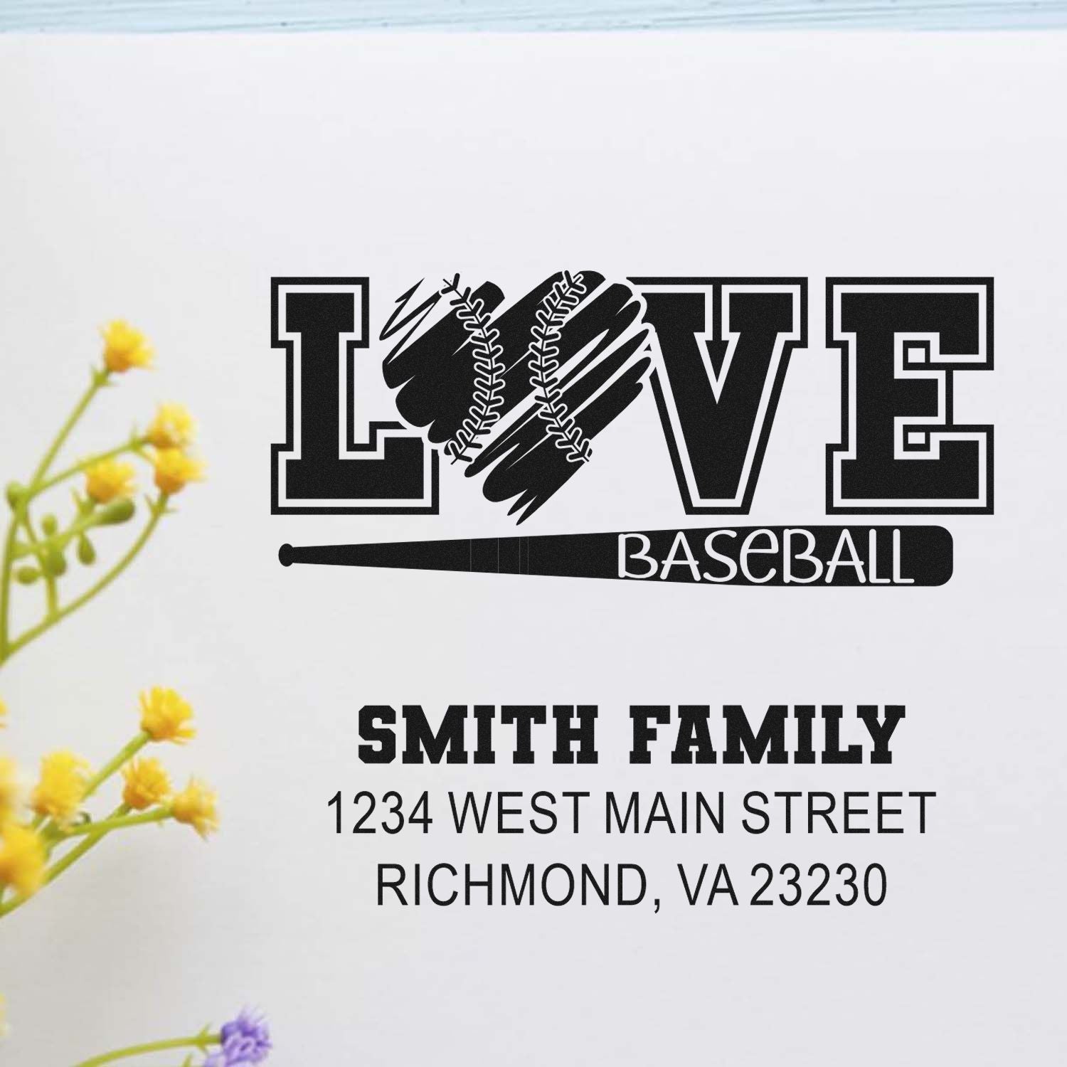 Custom return address rubber stamp with baseball love design, Smith family name, and Richmond, VA address