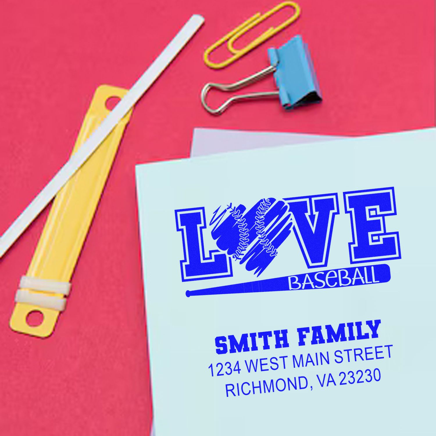 Custom baseball love return address rubber stamp for family mail, cards, and sports-themed stationery.