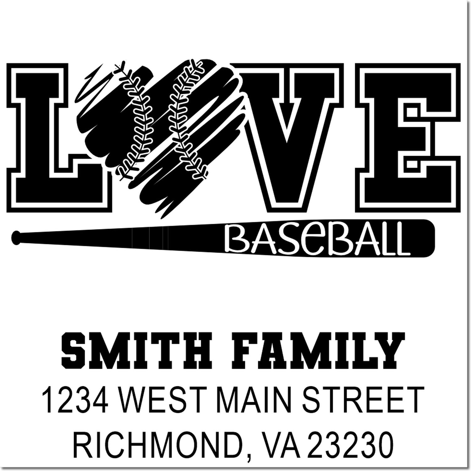 Personalized baseball rubber stamp with LOVE graphic, Smith family name, and return address for custom mailings.