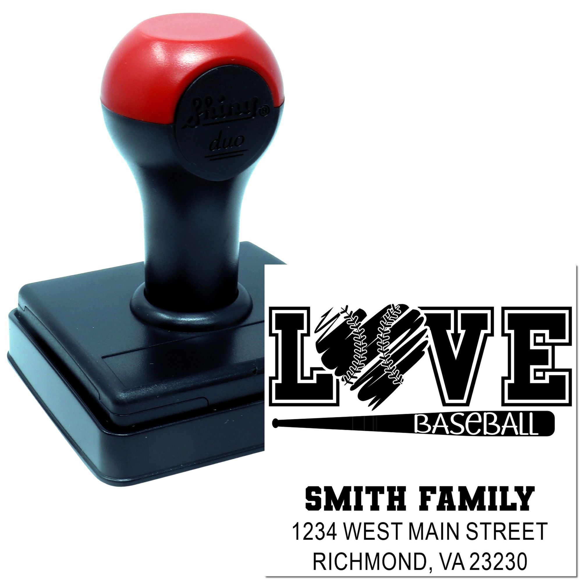 Custom self-inking baseball address rubber stamp with LOVE design, Smith Family name, and Richmond, VA return address.
