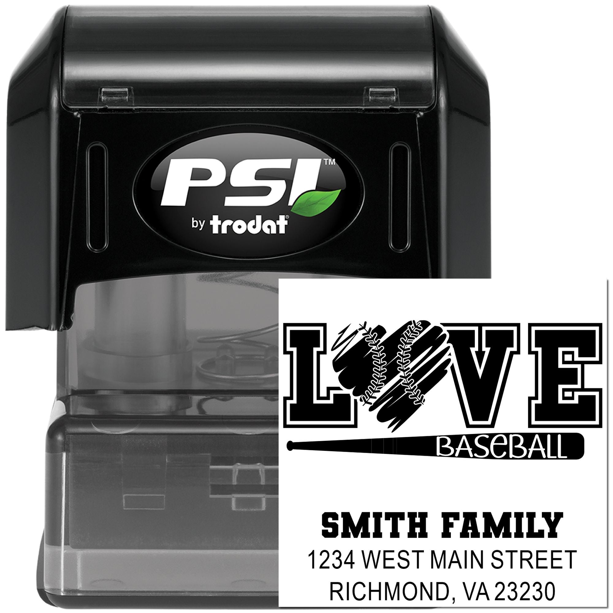 PSI by Trodat self-inking rubber stamp with custom baseball LOVE return address stamp for Smith Family