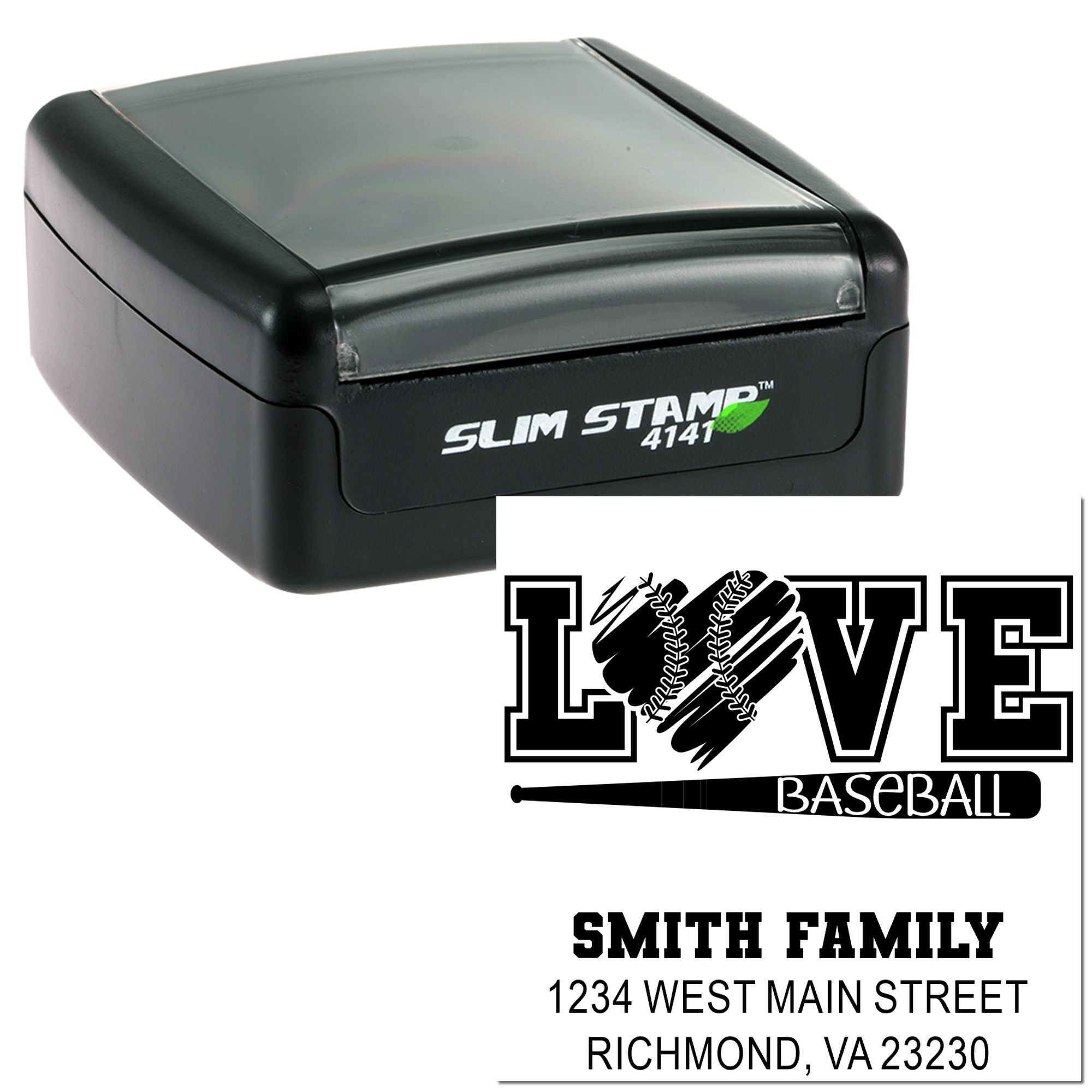 Slim Stamp 4141 self-inking rubber stamp with baseball love design and Smith Family return address, Richmond, VA.
