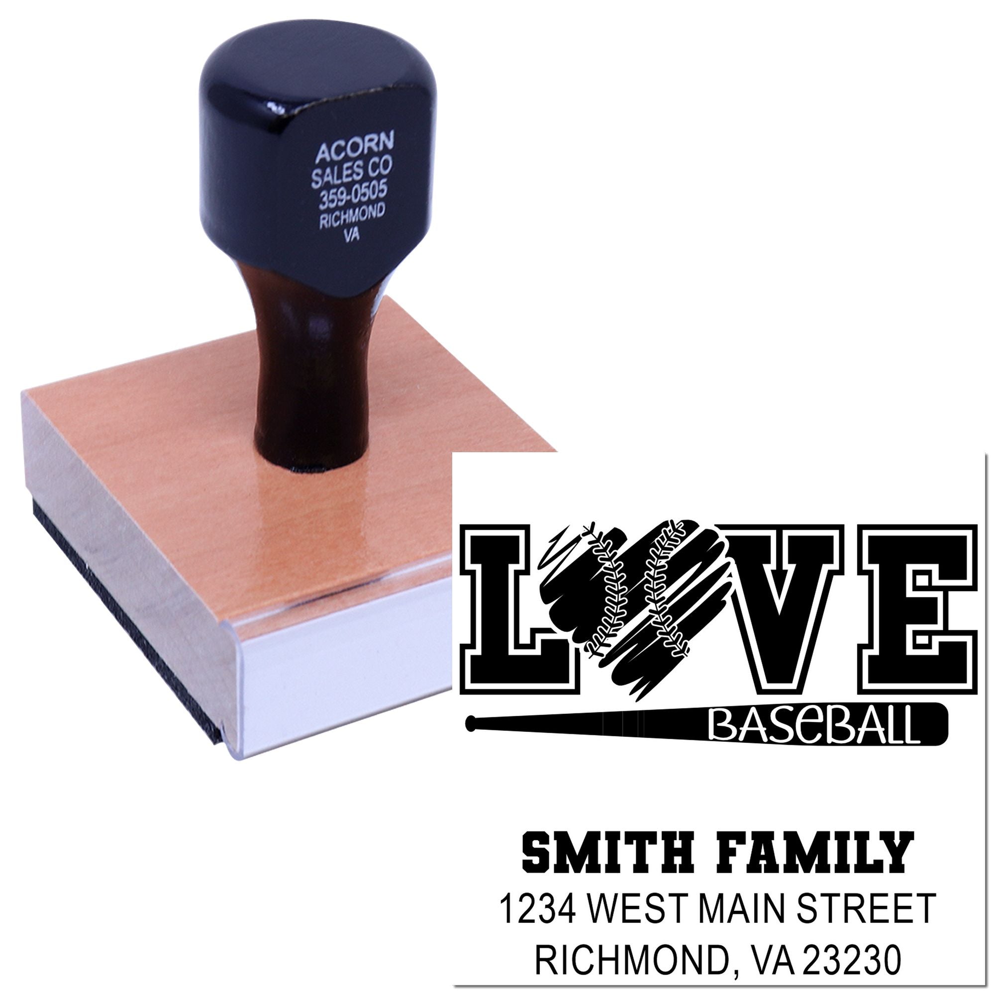 Custom baseball rubber stamp with LOVE design, family name, and address for personalized sports stationery and mail.