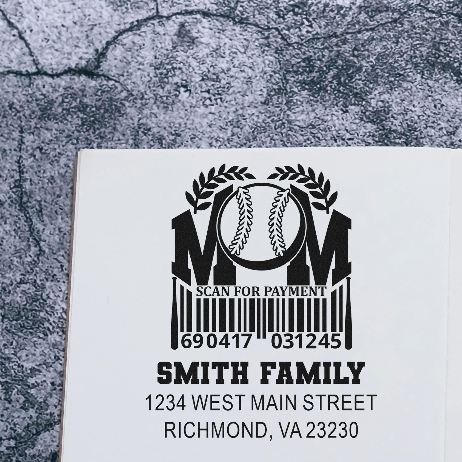 Personalized baseball mom rubber stamp design with scan for payment, barcode, Smith Family name, and Richmond, VA address.