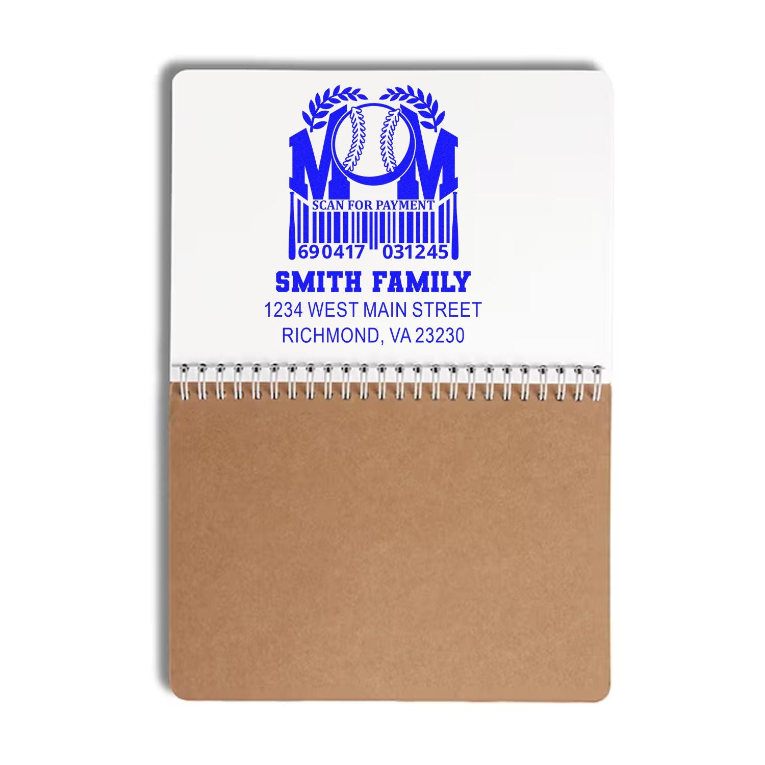 Personalized baseball mom rubber stamp with scan for payment, family name, and Richmond, VA return address
