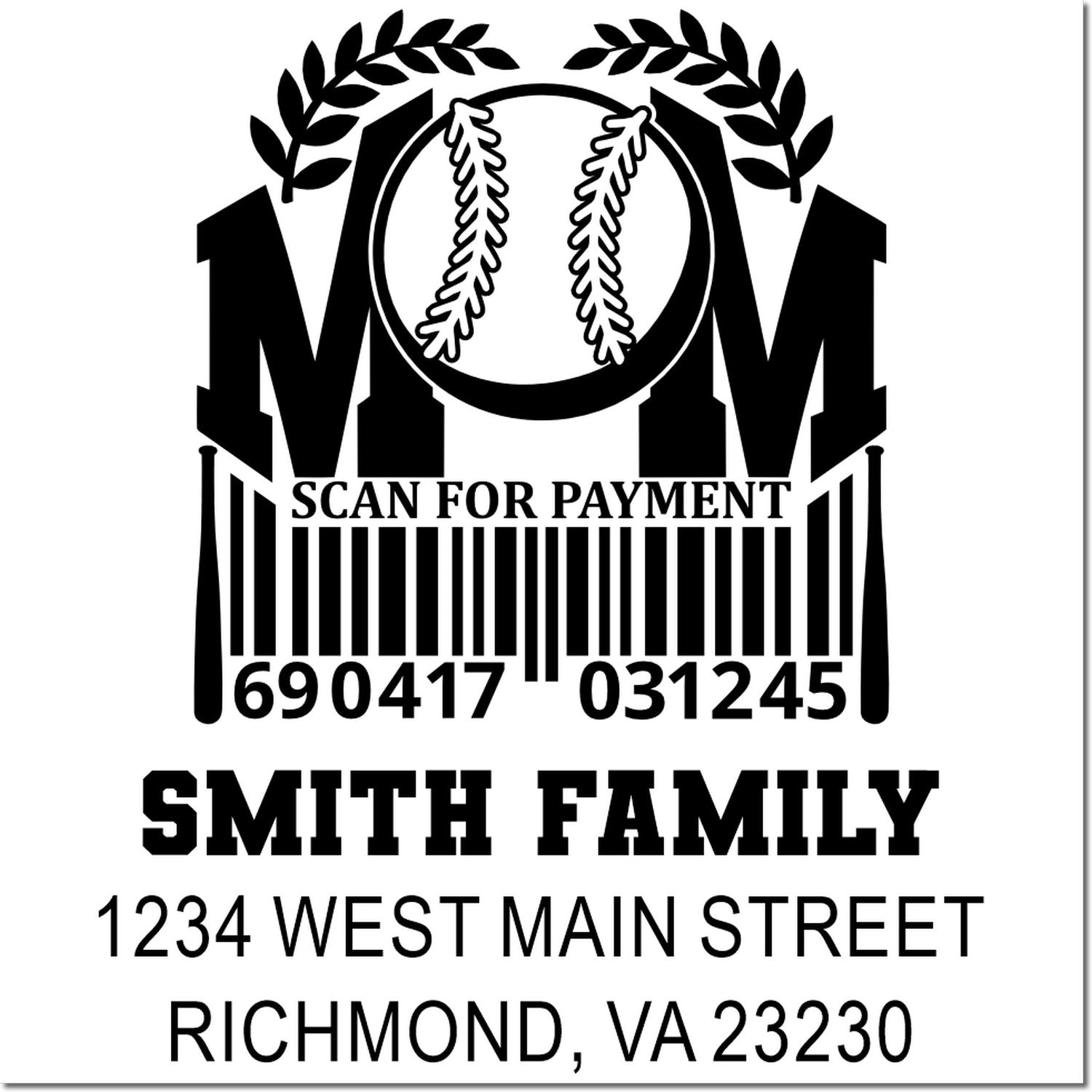 Custom rubber stamp design with baseball MOM monogram, QR/barcode scan for payment, Smith family name and address.
