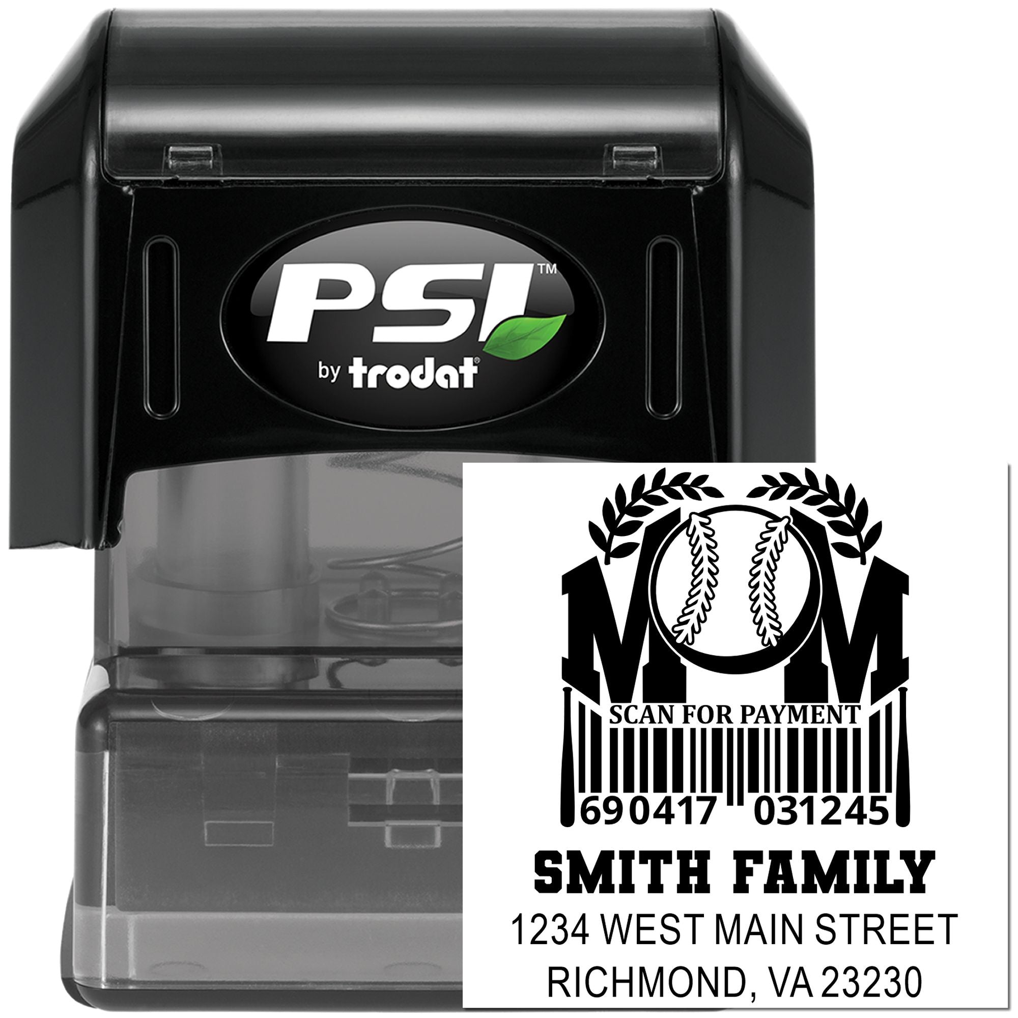 PSI by Trodat self-inking rubber stamp with custom family address and scan for payment barcode design for business or home use