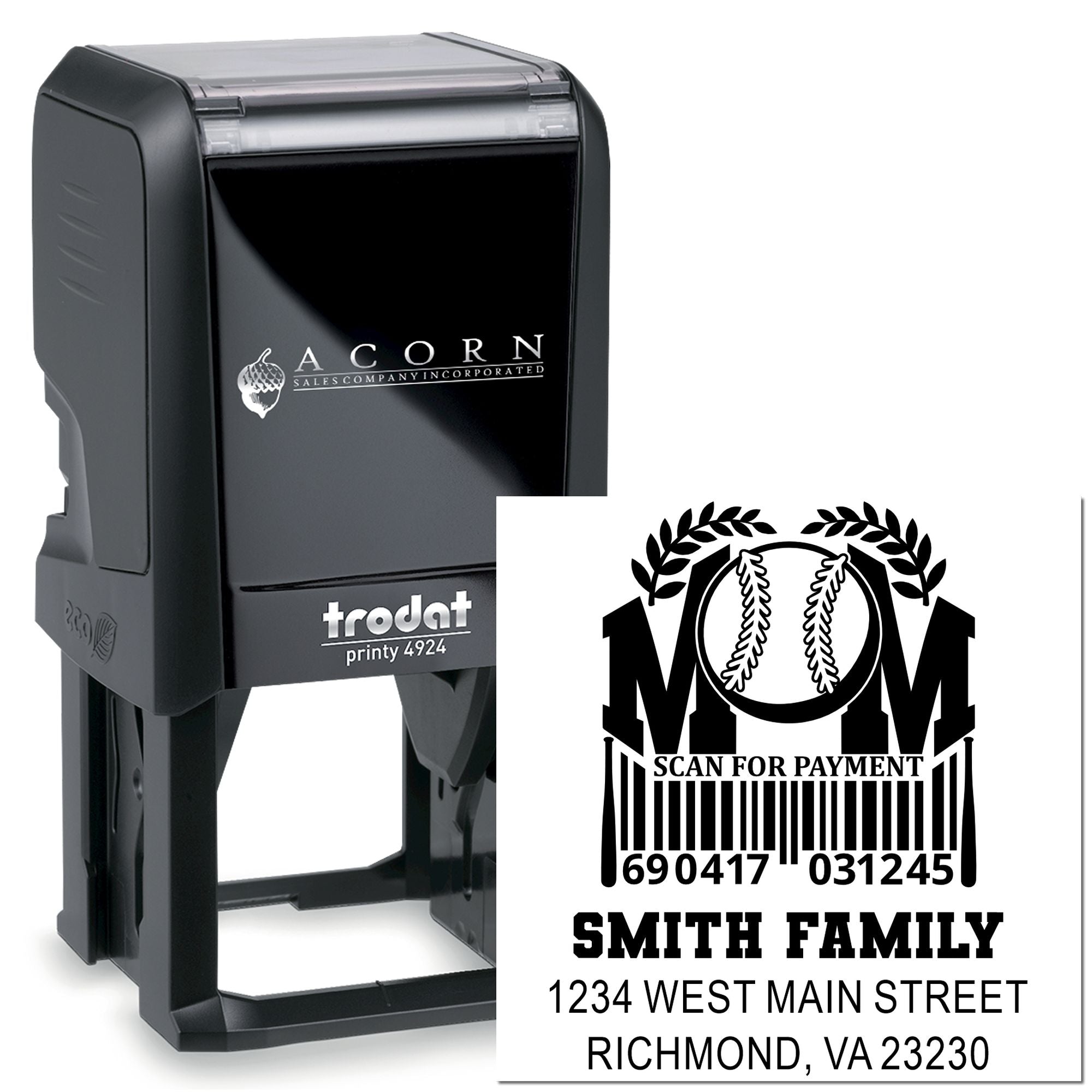 Custom self-inking rubber stamp with baseball mom design, barcode, and family name/address imprint.