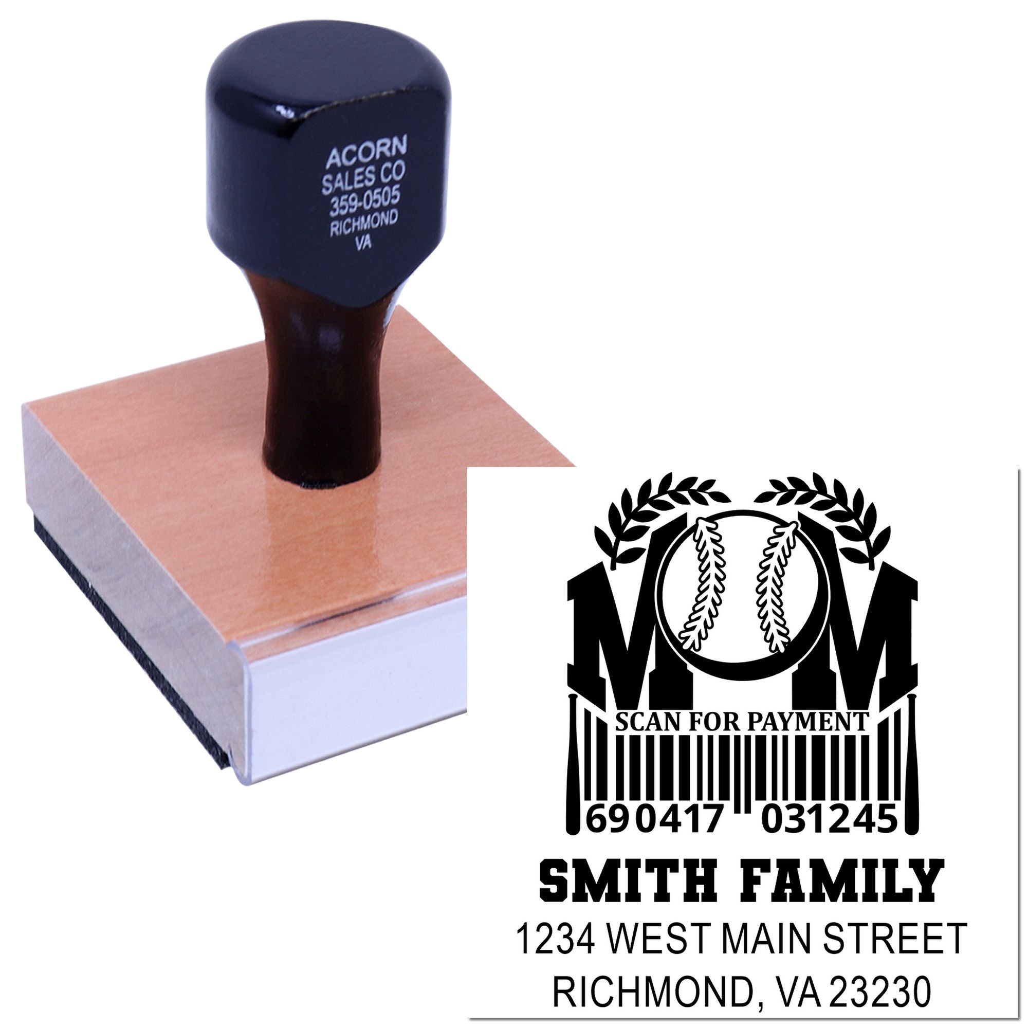 Custom address rubber stamp with baseball mom design, scan-for-payment barcode, and Smith family mailing details.
