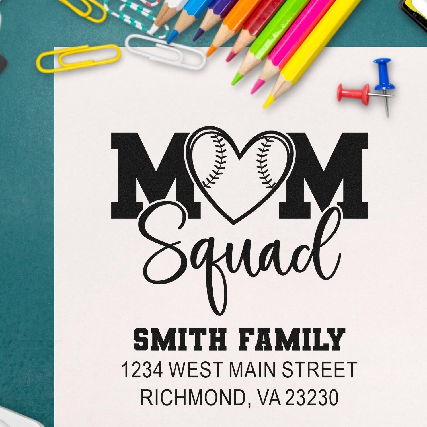 Custom baseball mom squad rubber stamp mockup with Smith family name and return address for personalized mailing.