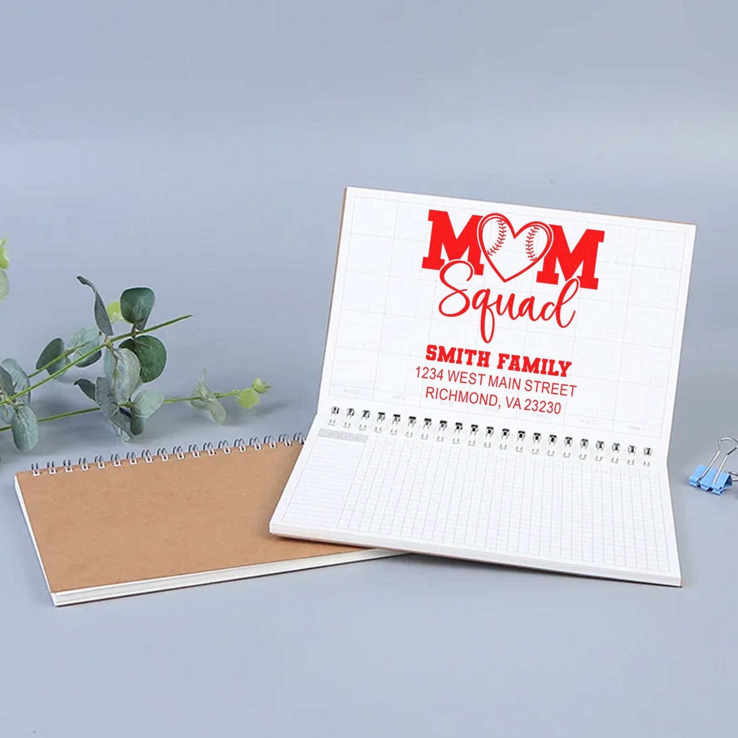 Custom rubber stamp mockup featuring Mom Squad family address design for personalized stationery, notes, and mail