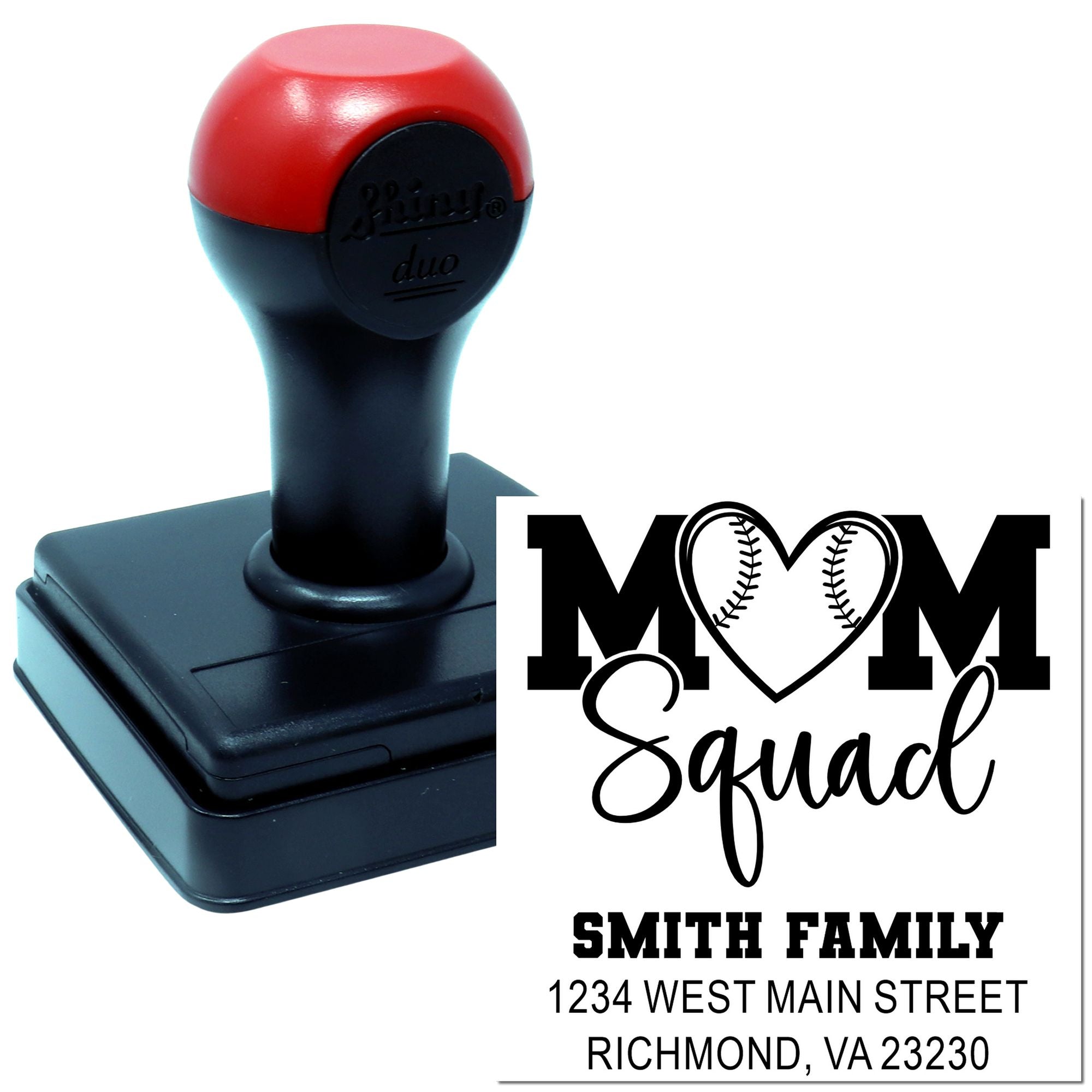 Custom self-inking rubber stamp for Mom Squad address labels, with baseball heart design and Smith family return address.