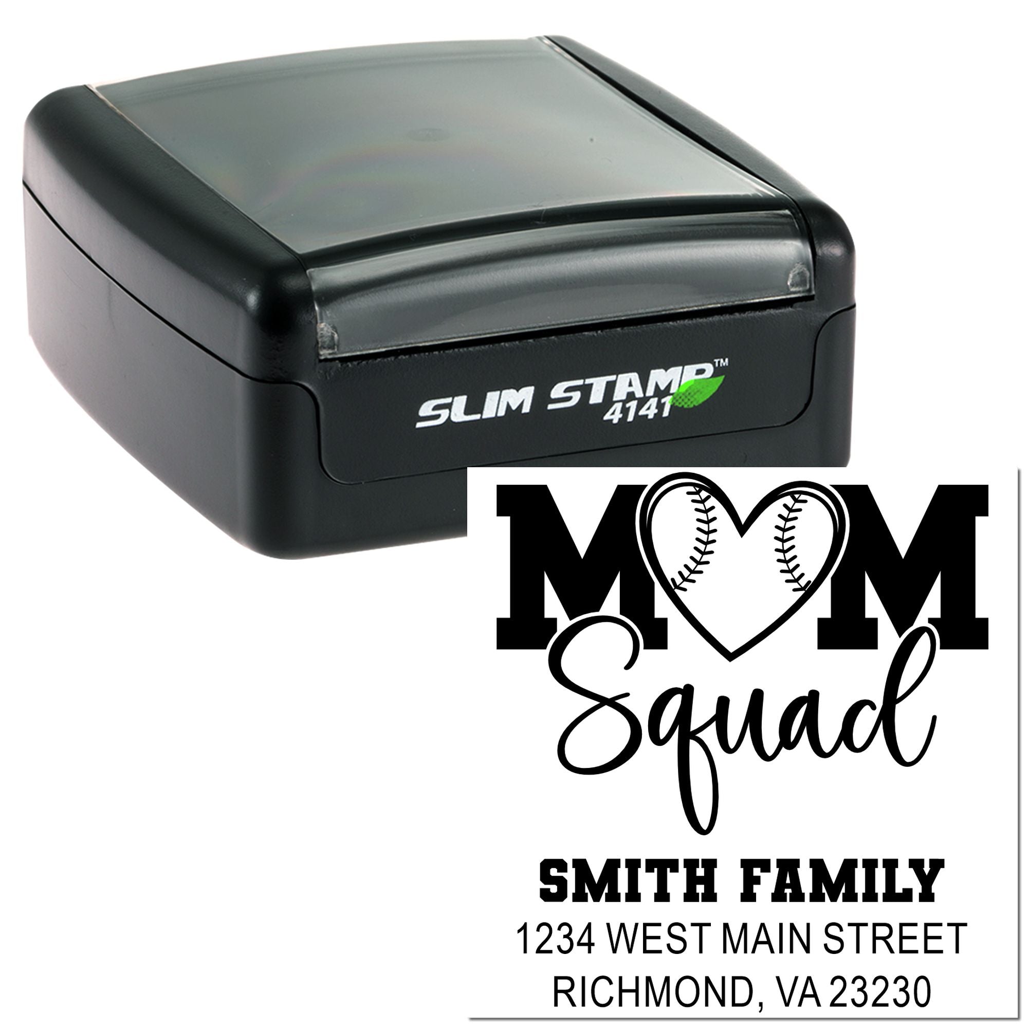 Custom self-inking rubber address stamp with Mom Squad design, Smith Family name, and return address imprint.