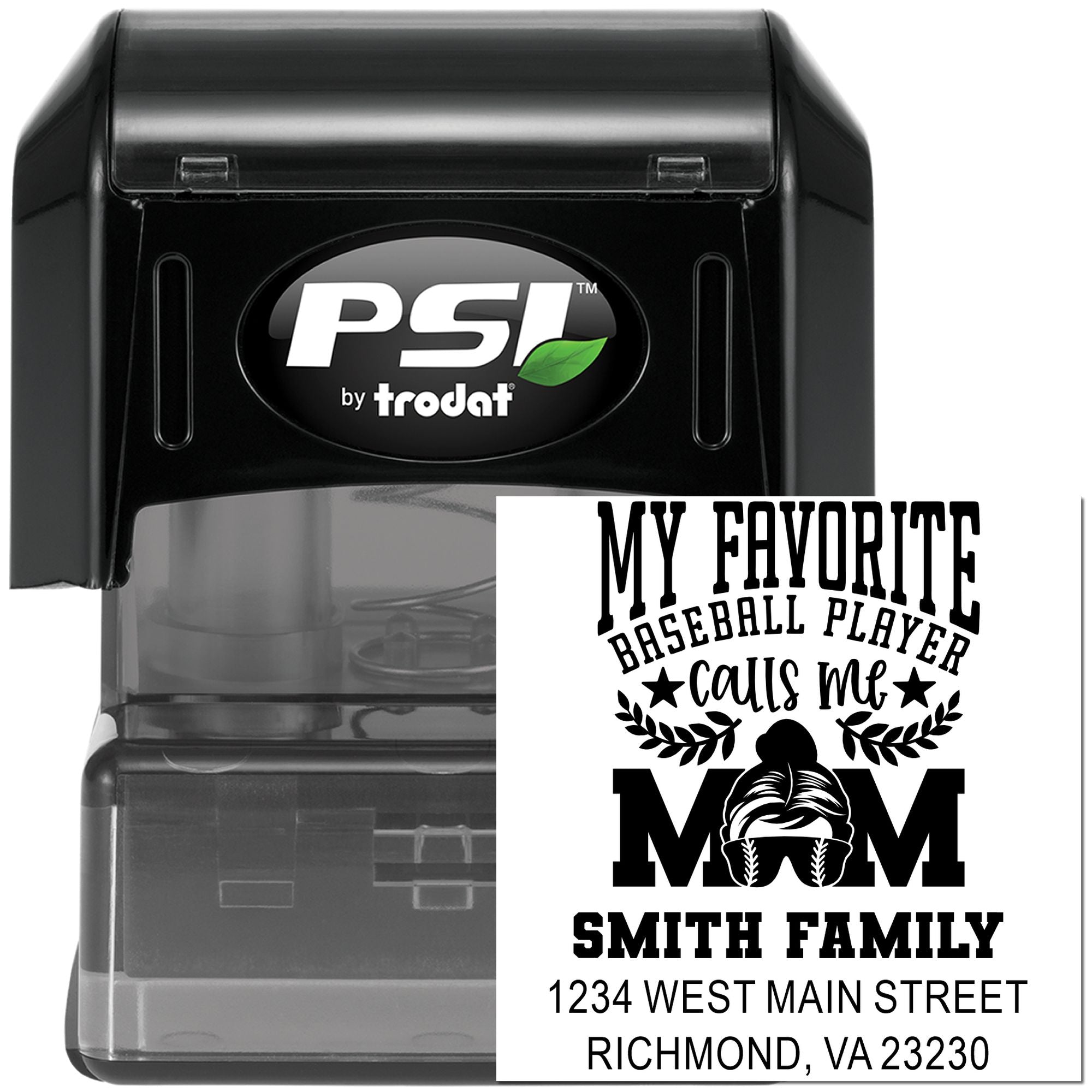 Custom self-inking rubber stamp by PSI Trodat, personalized baseball mom return address stamp with family name and address.