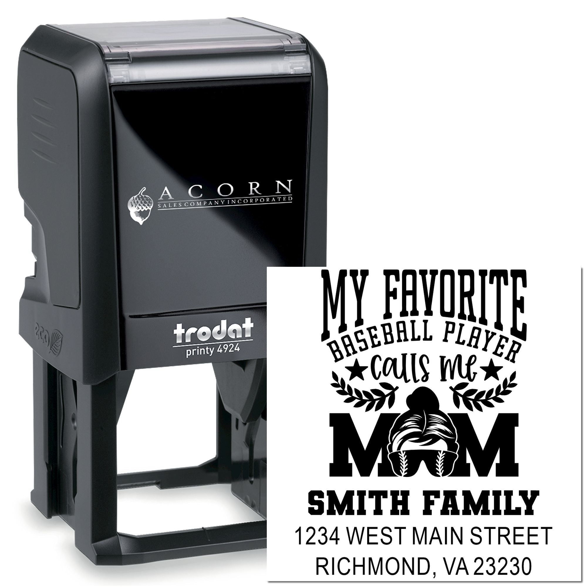 Custom self-inking rubber stamp with baseball mom family address design for personalized mailings and crafts