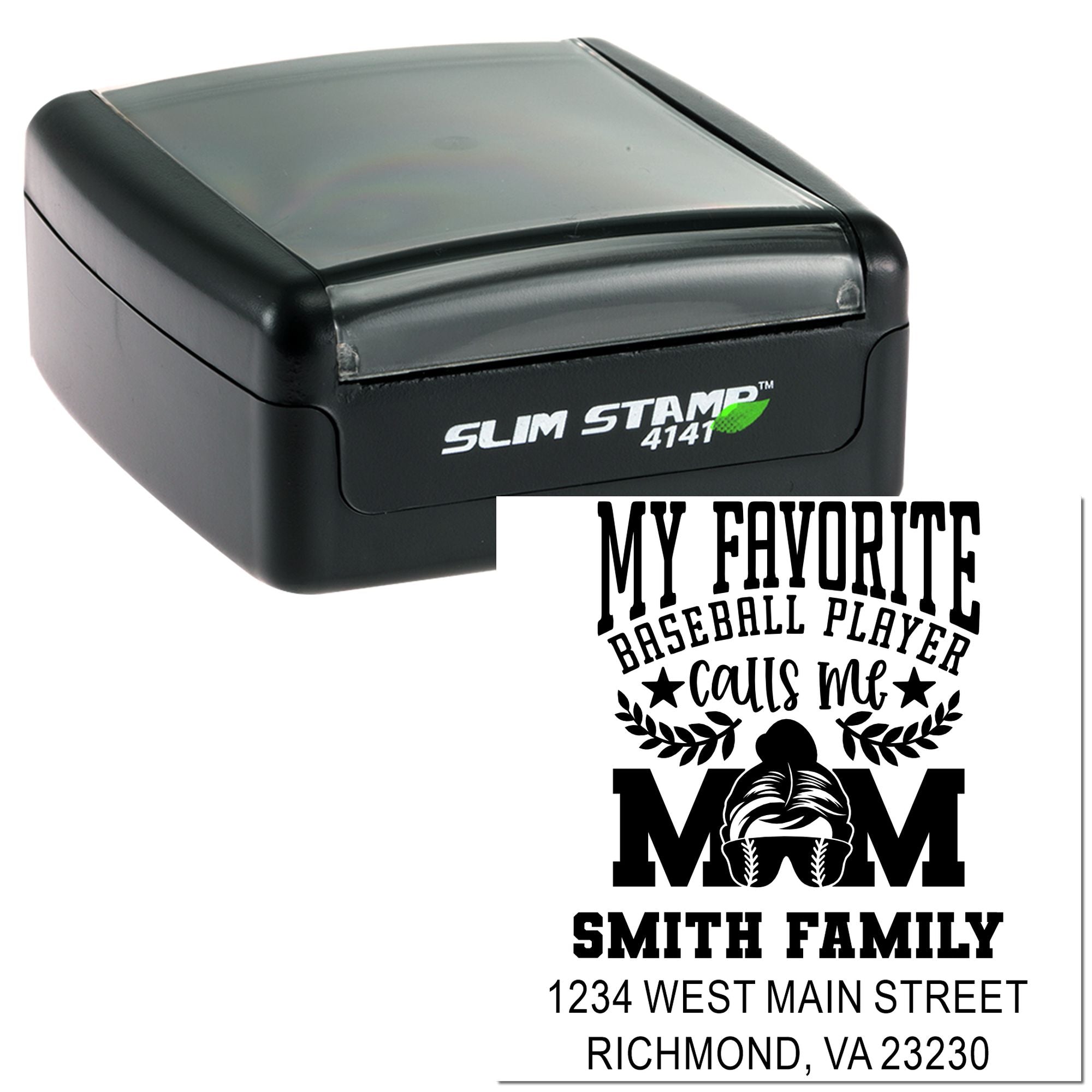 Custom self-inking rubber stamp with baseball mom design, personalized family name, and return address.