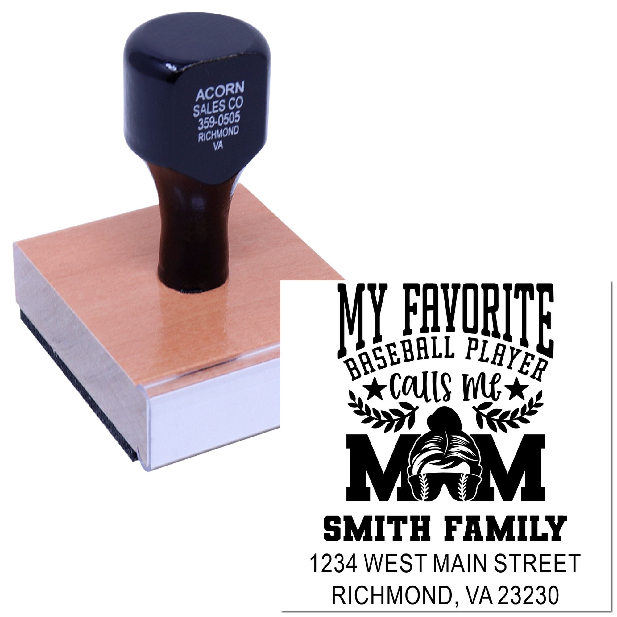 Custom baseball mom rubber stamp with family name and return address for envelopes, cards, and craft projects.