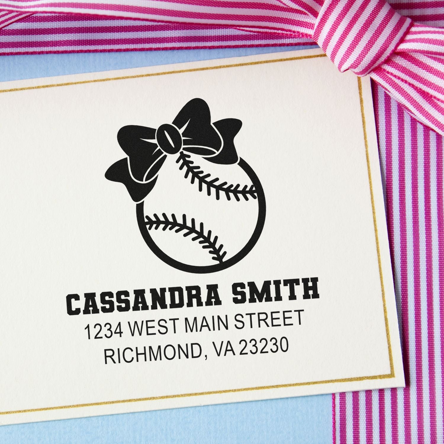 Personalized baseball return address rubber stamp with bow for Cassandra Smith, Richmond, VA