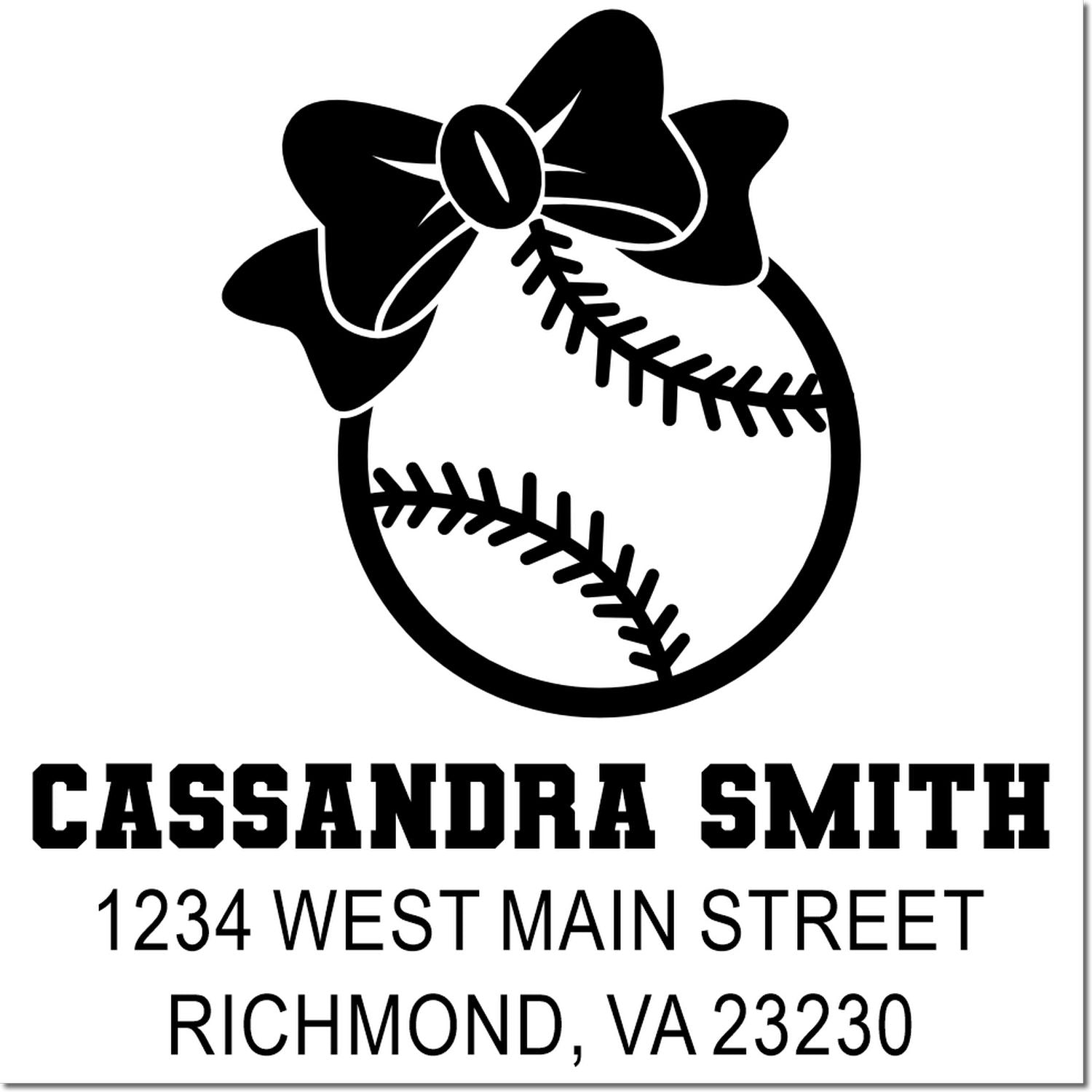 Custom baseball bow return address rubber stamp for Cassandra Smith, 1234 West Main Street, Richmond, VA 23230.