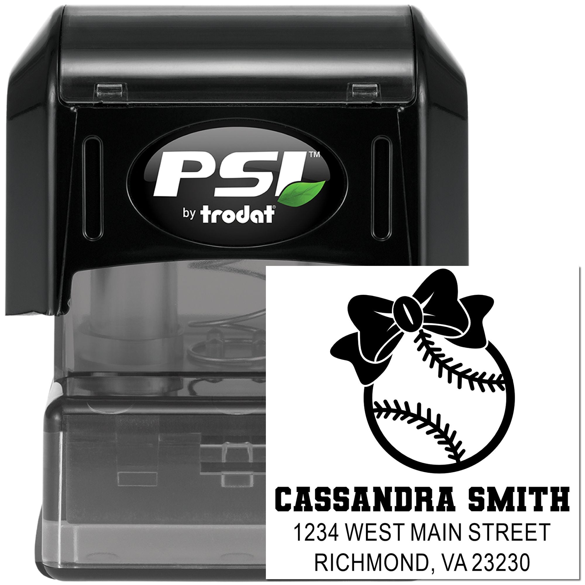 Custom self-inking rubber address stamp with baseball logo, name, and address, made with PSI by Trodat.