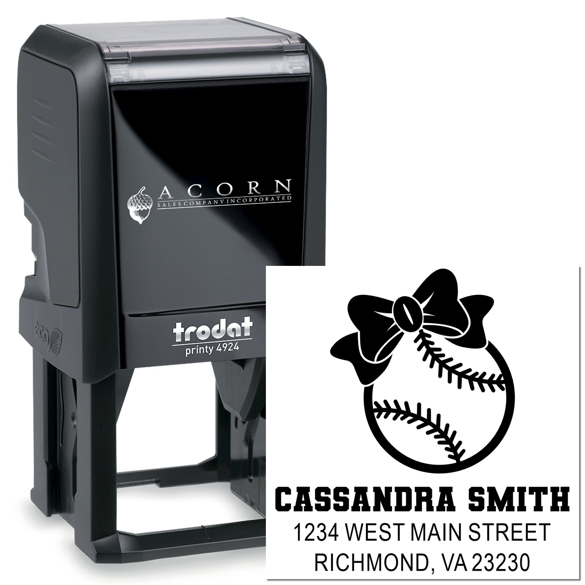 Trodat self-inking rubber stamp with custom softball logo, name, and address for personalized business mailing.