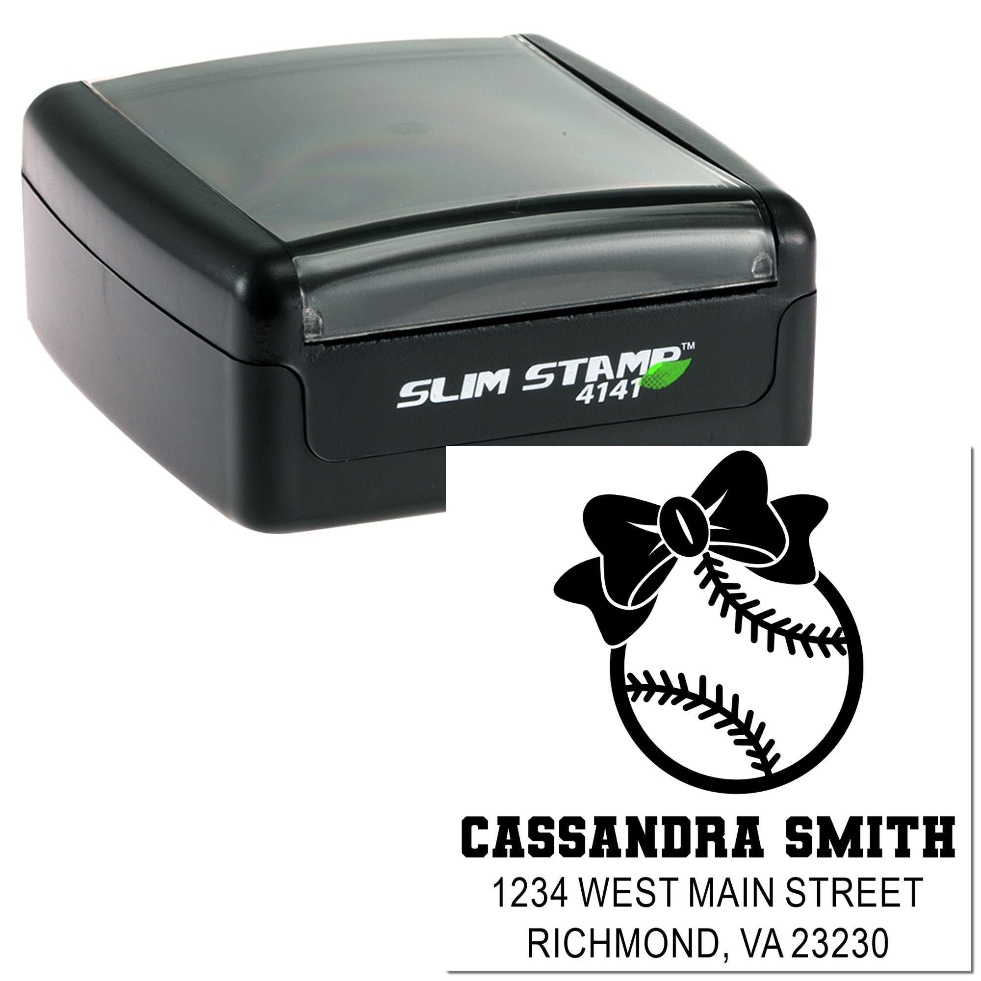Custom self-inking rubber return address stamp with baseball design for Cassandra Smith, Richmond, VA.