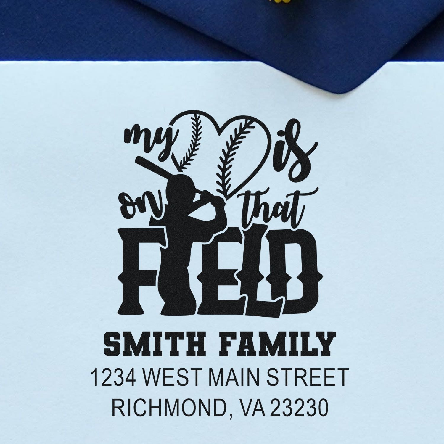 Personalized baseball family address rubber stamp with batter silhouette and my heart is on that field wording.