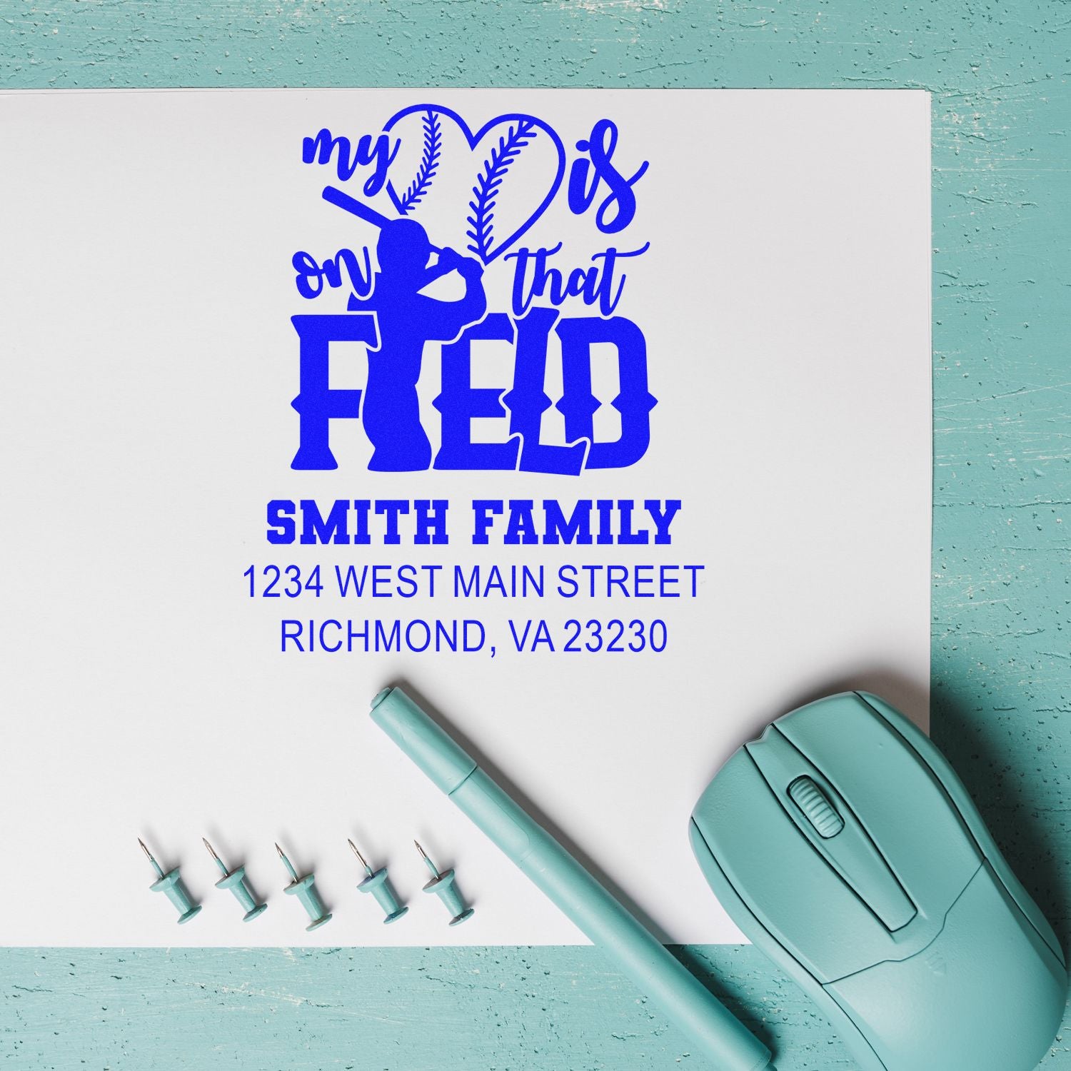 Personalized baseball family address rubber stamp with custom My heart is on that field design for Smith Family, Richmond, VA 23230.