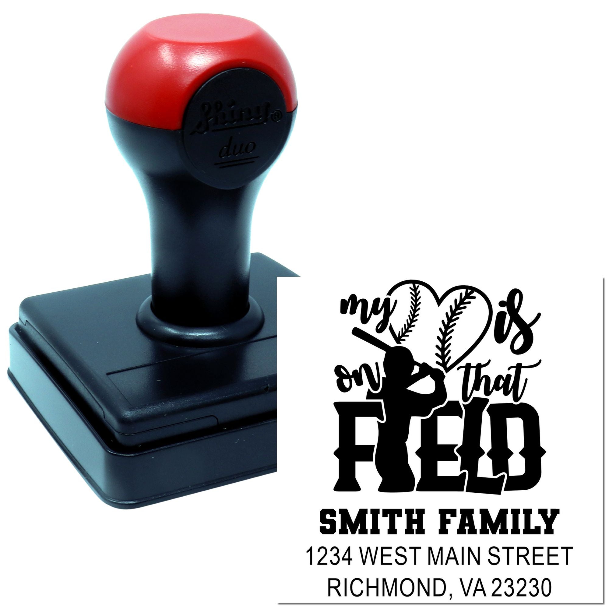 Personalized self-inking rubber stamp with baseball theme, My heart is on that field, for Smith Family return address.