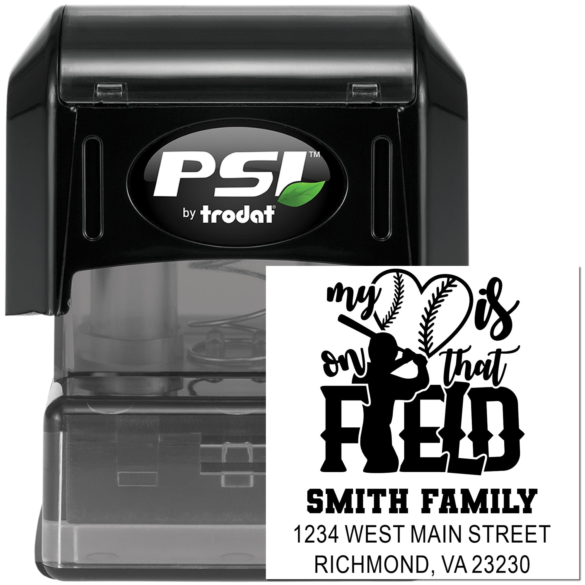 PSI by Trodat custom self-inking rubber address stamp with baseball design and family name imprint