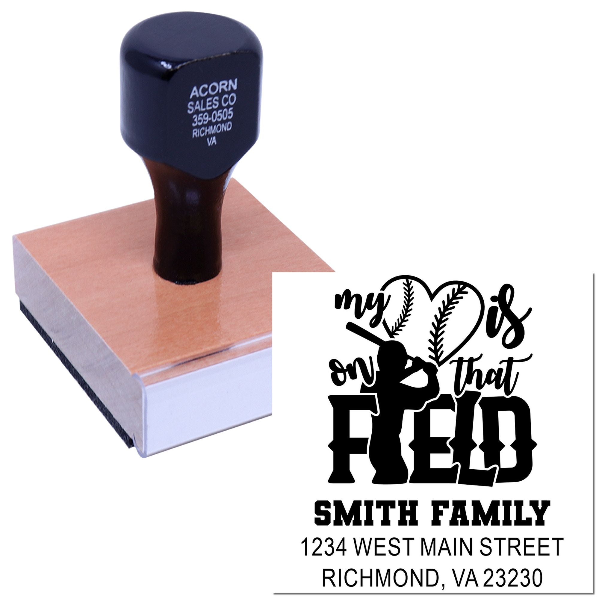 Custom baseball return address rubber stamp with family name and address for personalized envelopes and stationery.