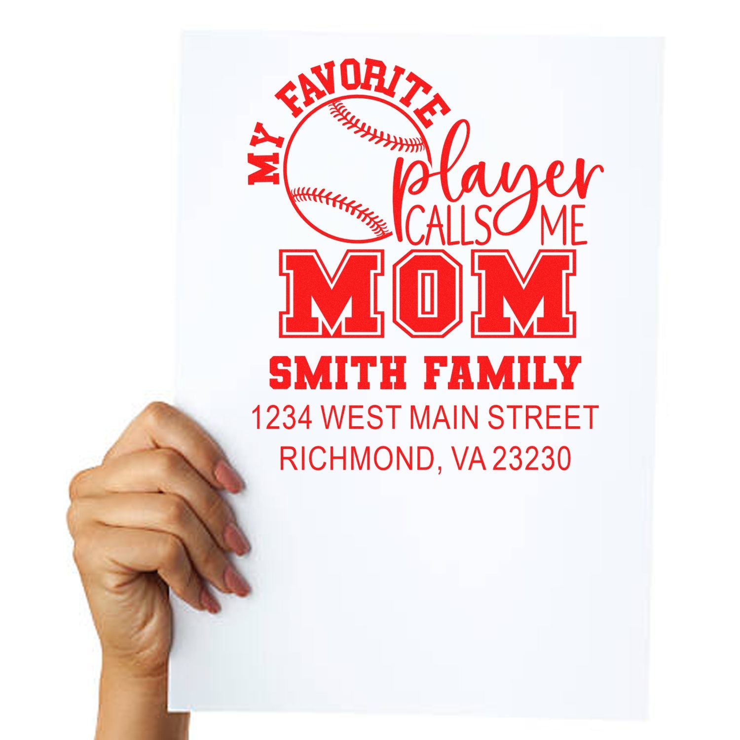 Custom baseball mom rubber stamp with family name and address, featuring My Favorite Player Calls Me Mom design.