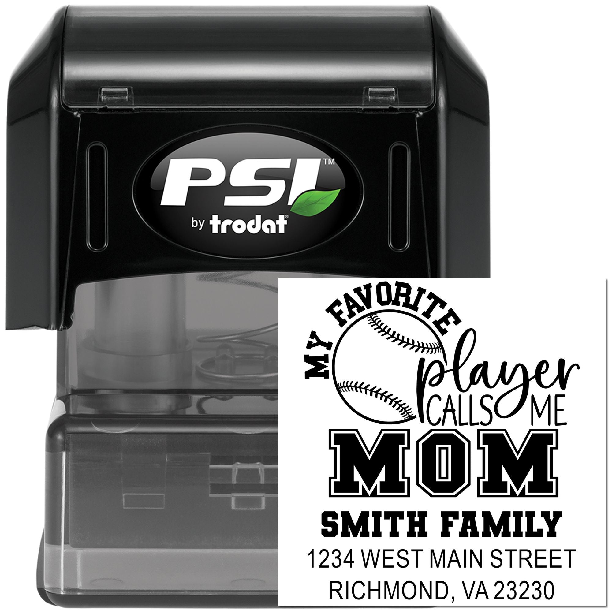 Personalized PSI by Trodat self-inking rubber stamp with baseball mom design, family name, and custom address.