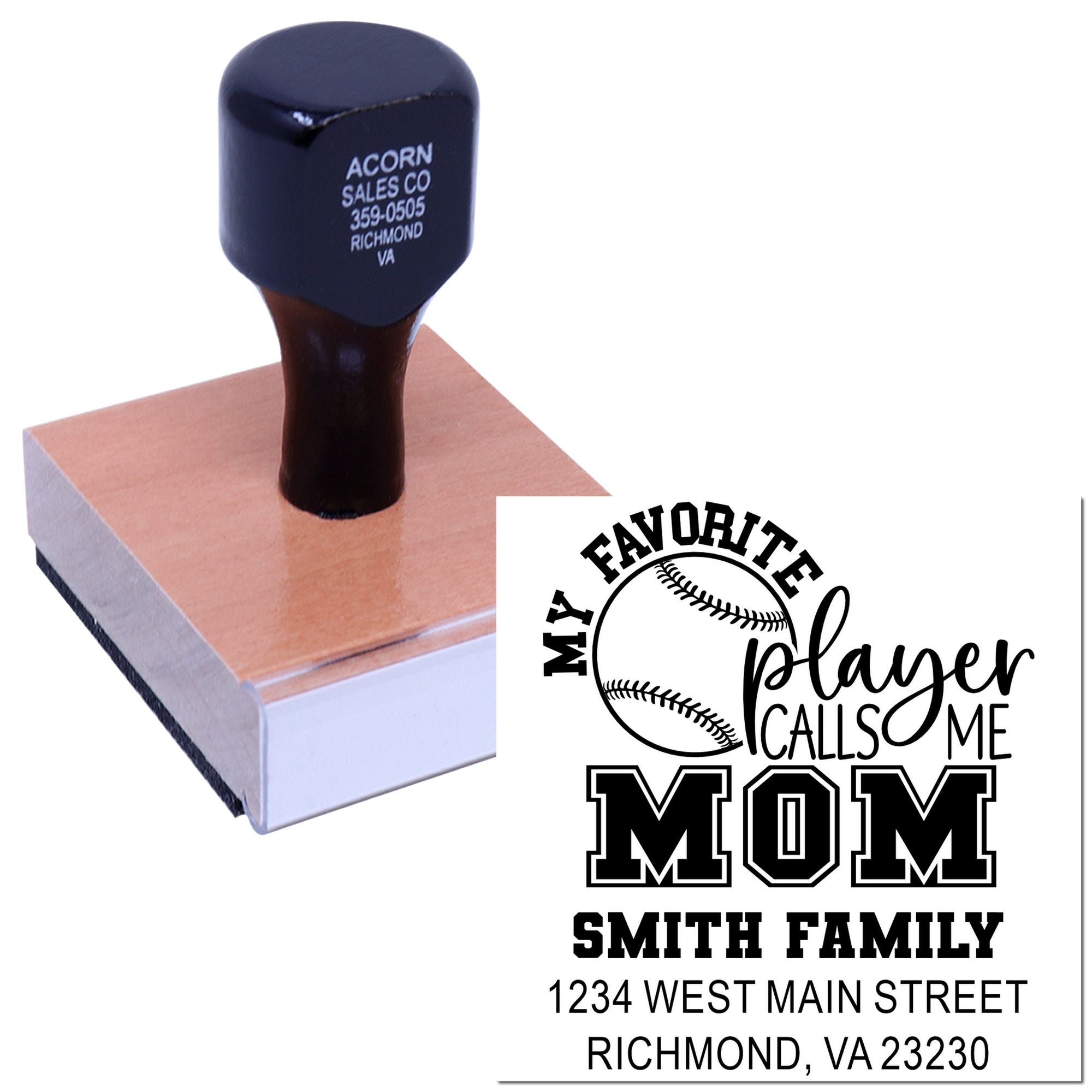 Custom rubber stamp with baseball mom design for personalized return addresses and sports-themed gifts.