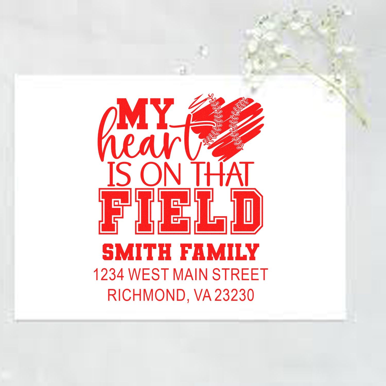 Personalized baseball rubber stamp design with heart ball graphic, Smith family name, and return address for mailing.